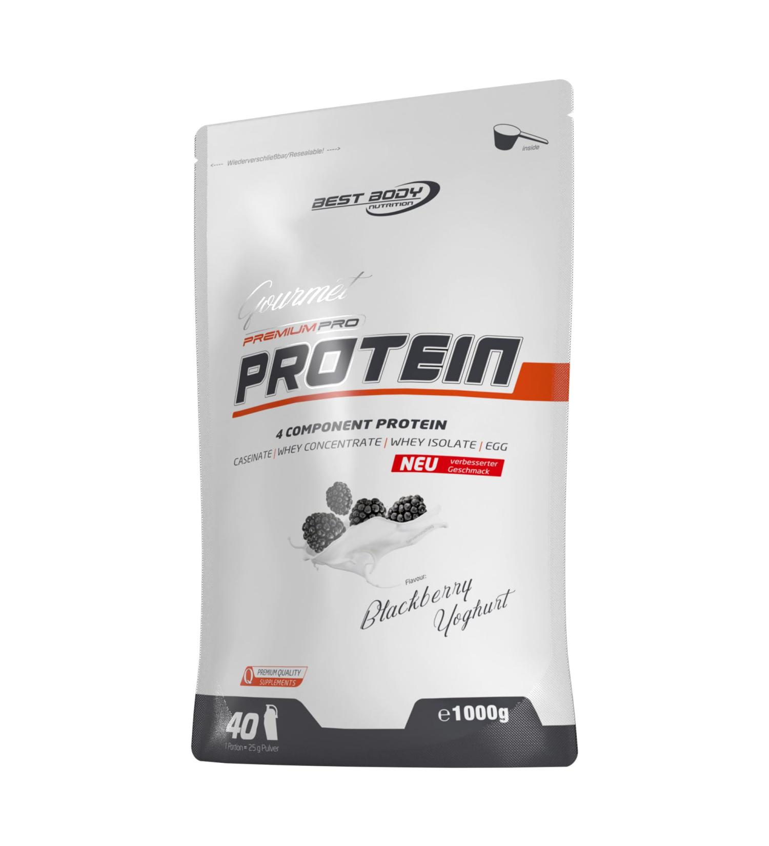 Buy Best Body Nutrition Gourmet Premium Pro Protein Shake - Blackberry Yoghurt 1 kg | 4-Component Protein: Caseinat Whey Concentrate Whey Isolate & Egg - International Shipping Available - Buy Online on GoSupps.com