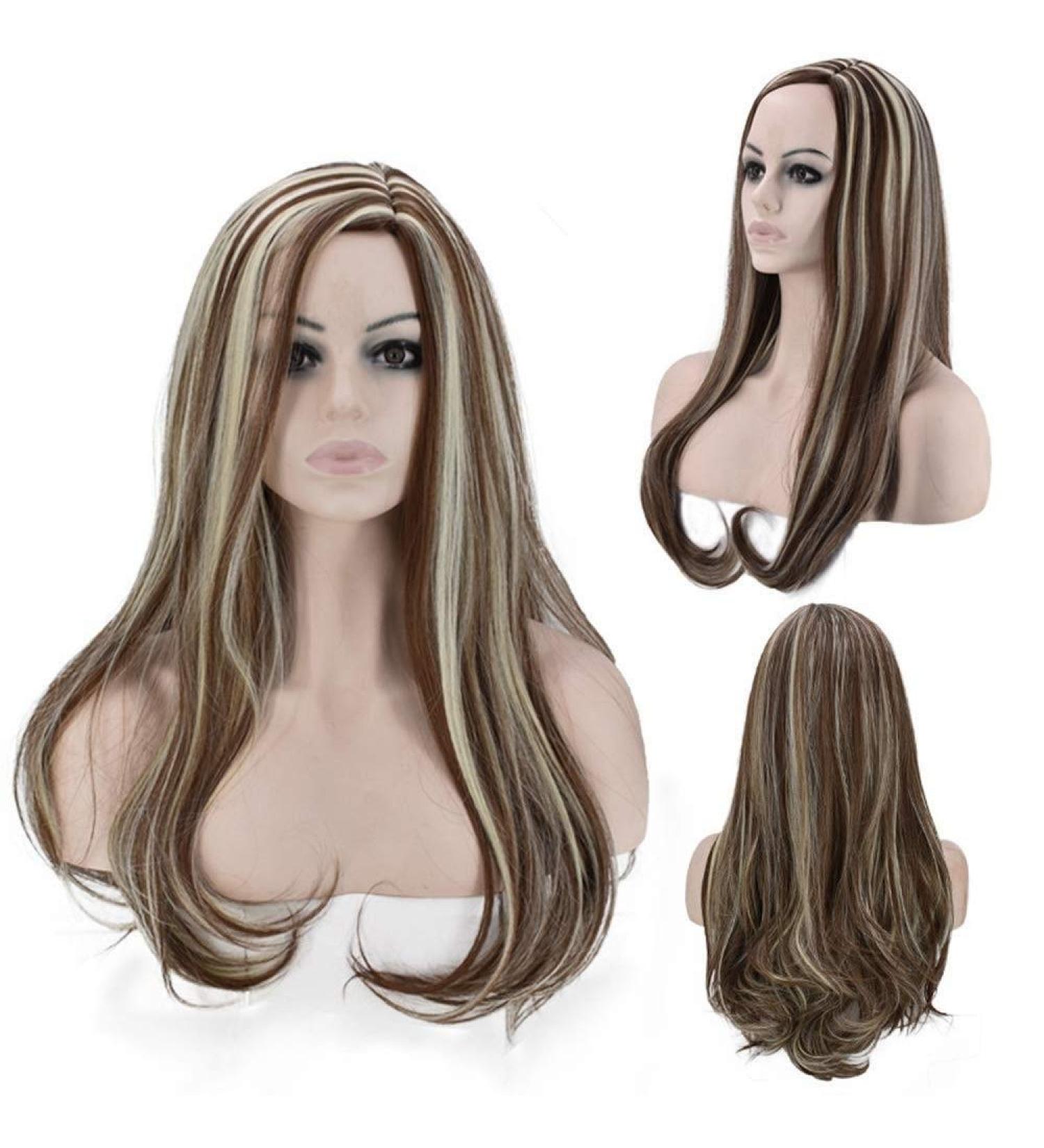 BGHJUE Brown Long Straight Synthetic Hair Wig with Blonde Highlights - Women's Daily Side Part Style - Buy Online on GoSupps.com