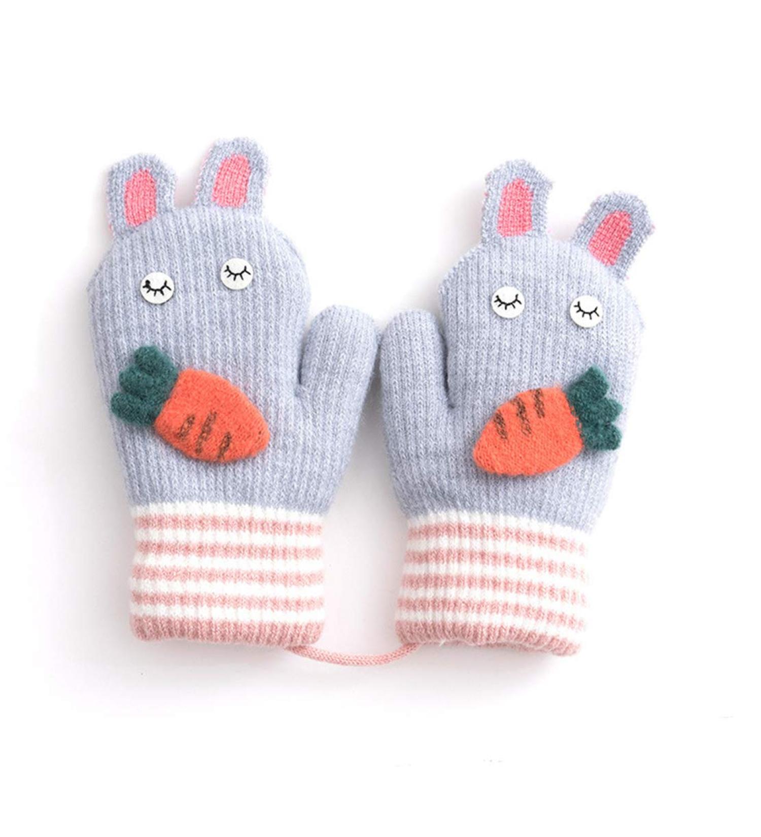 Kids Toddlers Knitted Gloves Mittens with String | Fleece Lined Winter Warm Mittens | Cartoon Cosy Full Finger Gloves | Xmas Gift for Ages 0-3 | Gray - Buy Online on GoSupps.com