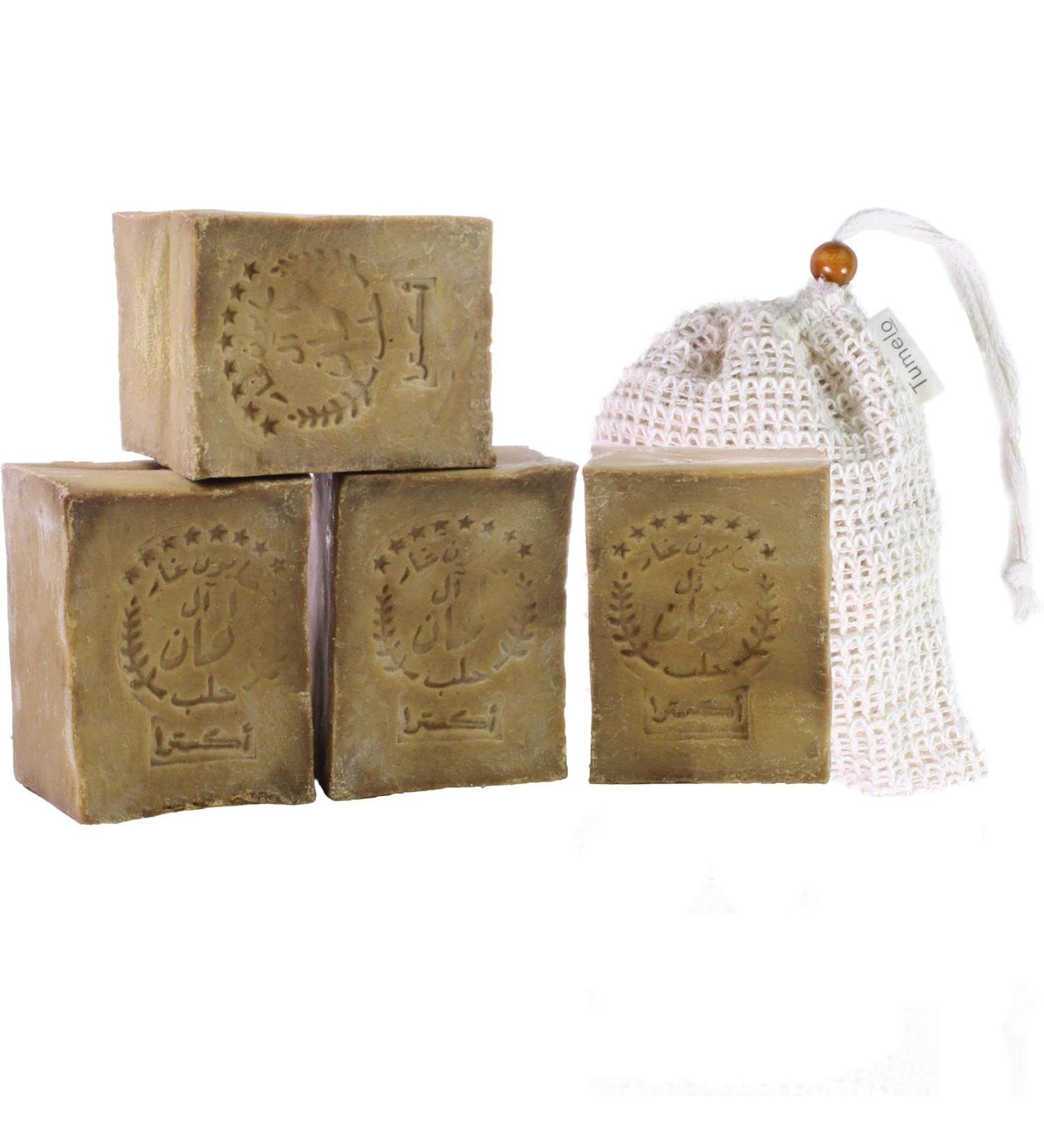  Tumelo TUMELO Aleppo Original Soap 4 x 200g (800g) 95% Olive Oil 5% Bay Berry Oil + Salvon Bag - Natural Soap - Solid Hair Soap/Shower Soap - Buy Online on GoSupps.com