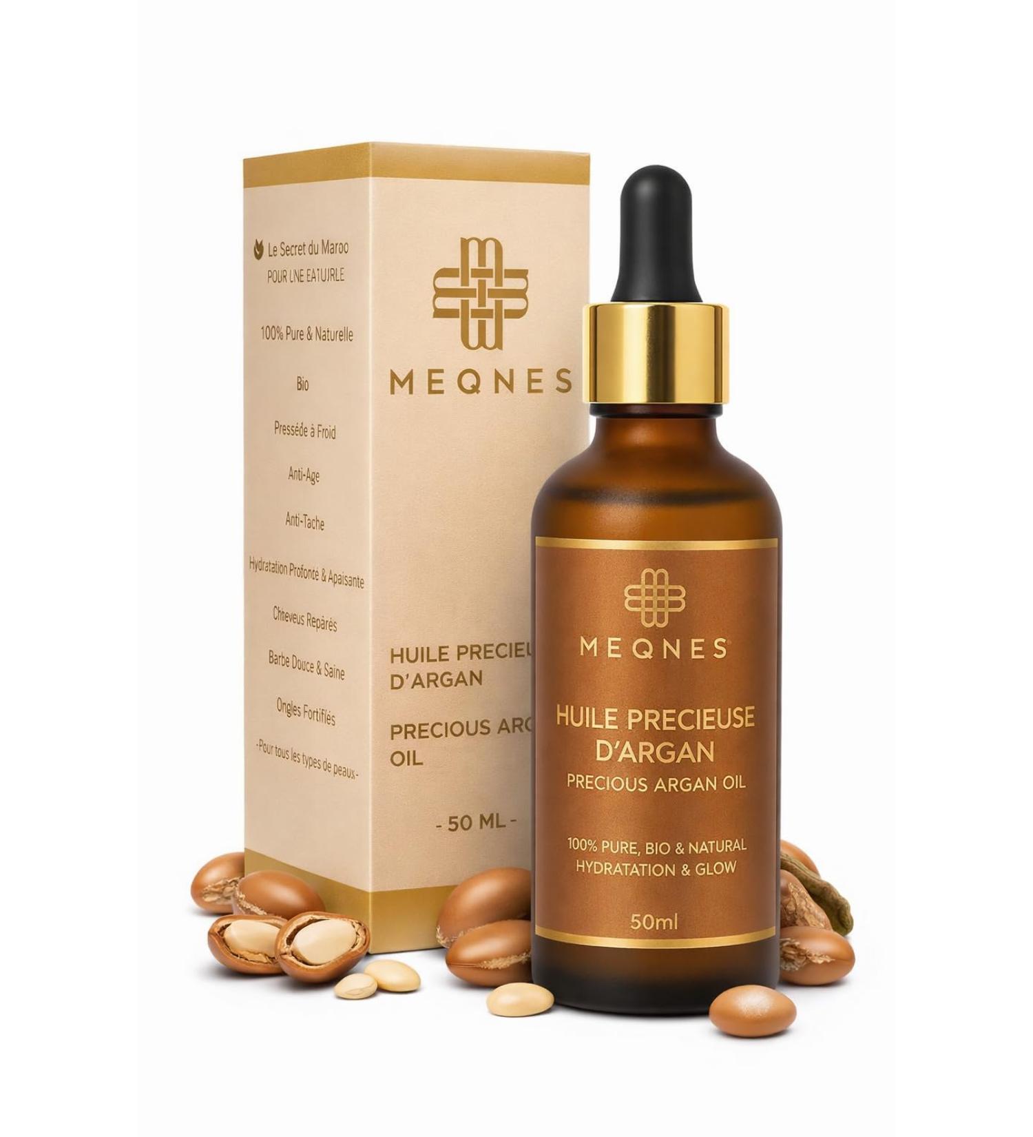 MEQNES Huile d'Argan Bio 100% Pure Press e Froid au Maroc - Nourrit & R pare Anti- ge Anti-Tache - Huile Argan Cheveux Visage Corps - Vegan - Flacon Verre Ambr - 50ml - Buy Online on GoSupps.com