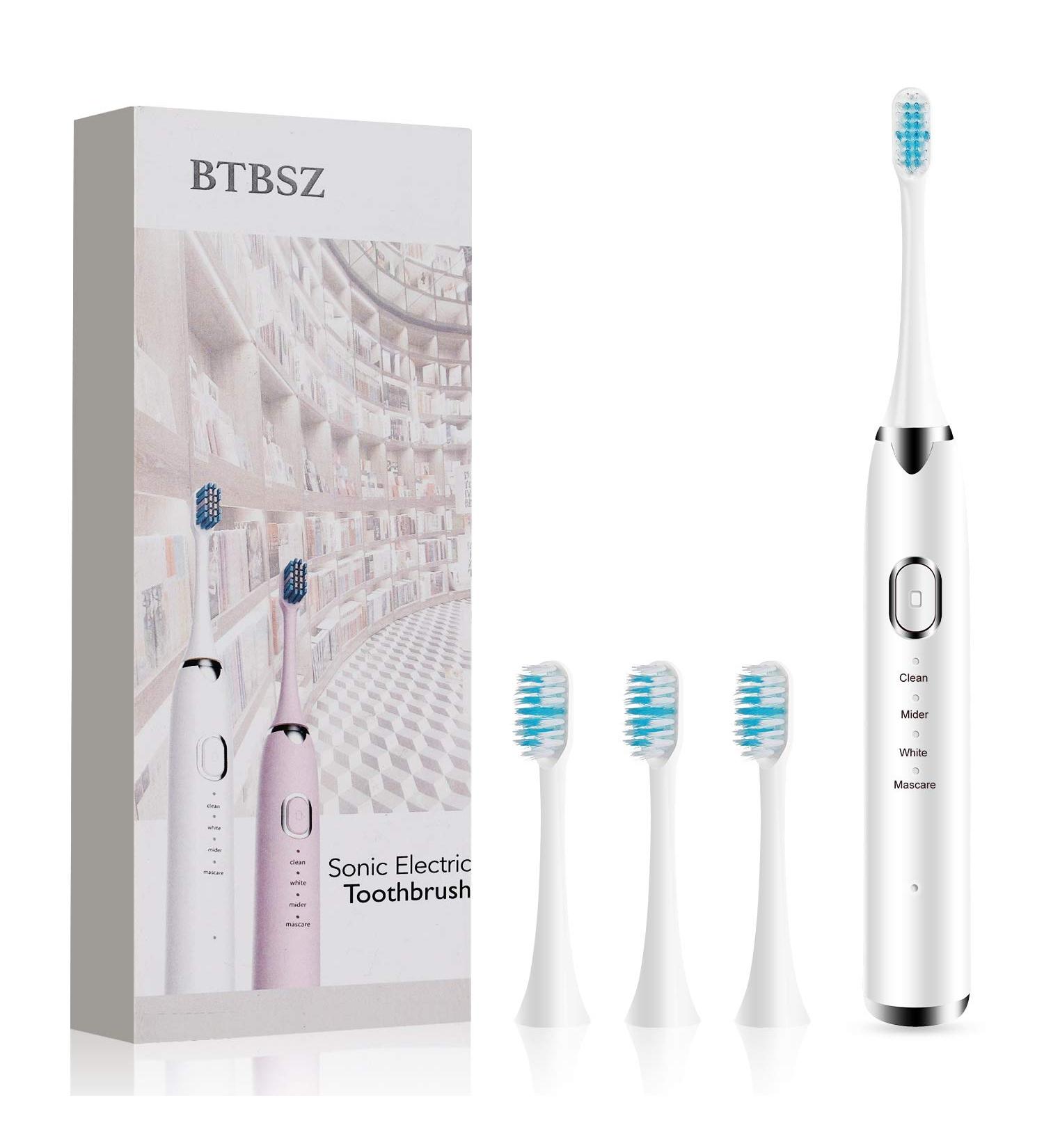 BTBSZ Sonic Electric Toothbrush - Travel-Friendly Design | 4 Modes 16 Gears | USB Fast Charge | Smart Timer | 4 Brush Heads - White - Buy Online on GoSupps.com