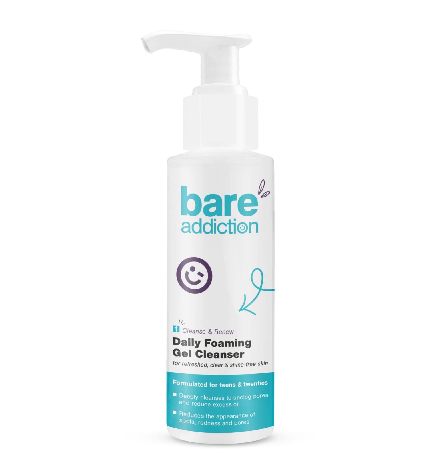 Bare Addiction 150ml Daily Skincare Foaming Gel Cleanser for Deep Cleansing and Reducing Excess Oil Spots Redness and Blocked Pores - Buy Online on GoSupps.com