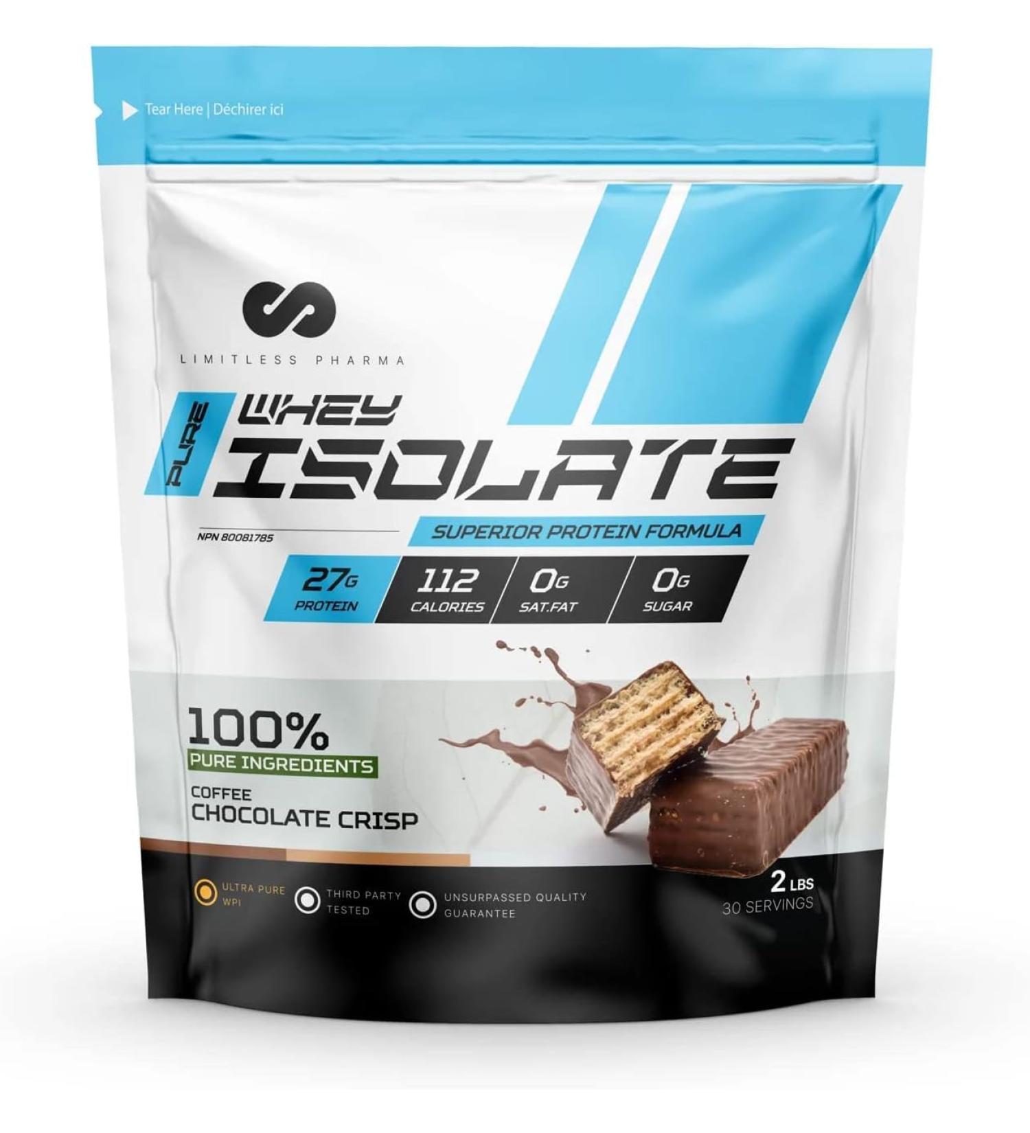 Limitless Pharma Pure Whey Isolate | High Protein Whey Isolate Protein Powder | 27g Protein 6g BCAAs Sugar Free Gluten Free Low Carb Low Lactose | 30 Servings 2LB (Coffee Chocolate Crisp) Coffee Chocolate Crisp 2LB - Buy Online on GoSupps.com