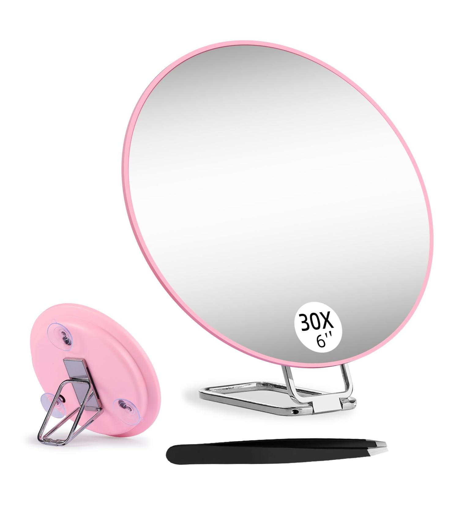 Suupvaor 6-Inch 30x Magnification Mirror with Suction Cups | Travel Compact Makeup Mirror & Tweezers Kit - Pink - Buy Online on GoSupps.com