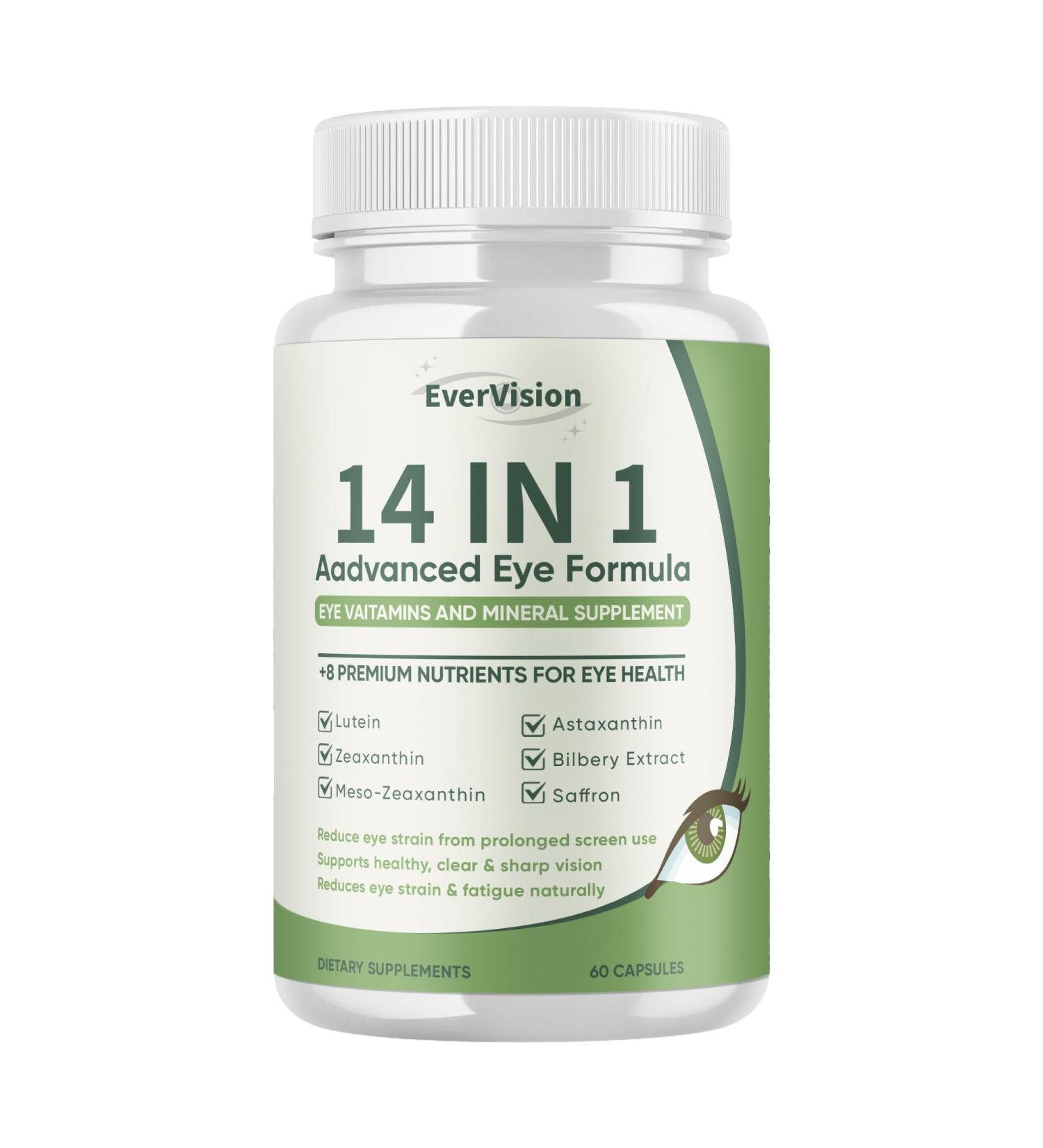 Evervision 14 in 1 Advanced Eye Formula Eye Vitamin and Mineral Supplement with Zinc Lutein Zeaxanthin & Bilberry Extract 60 Capsules (1) - Buy Online on GoSupps.com