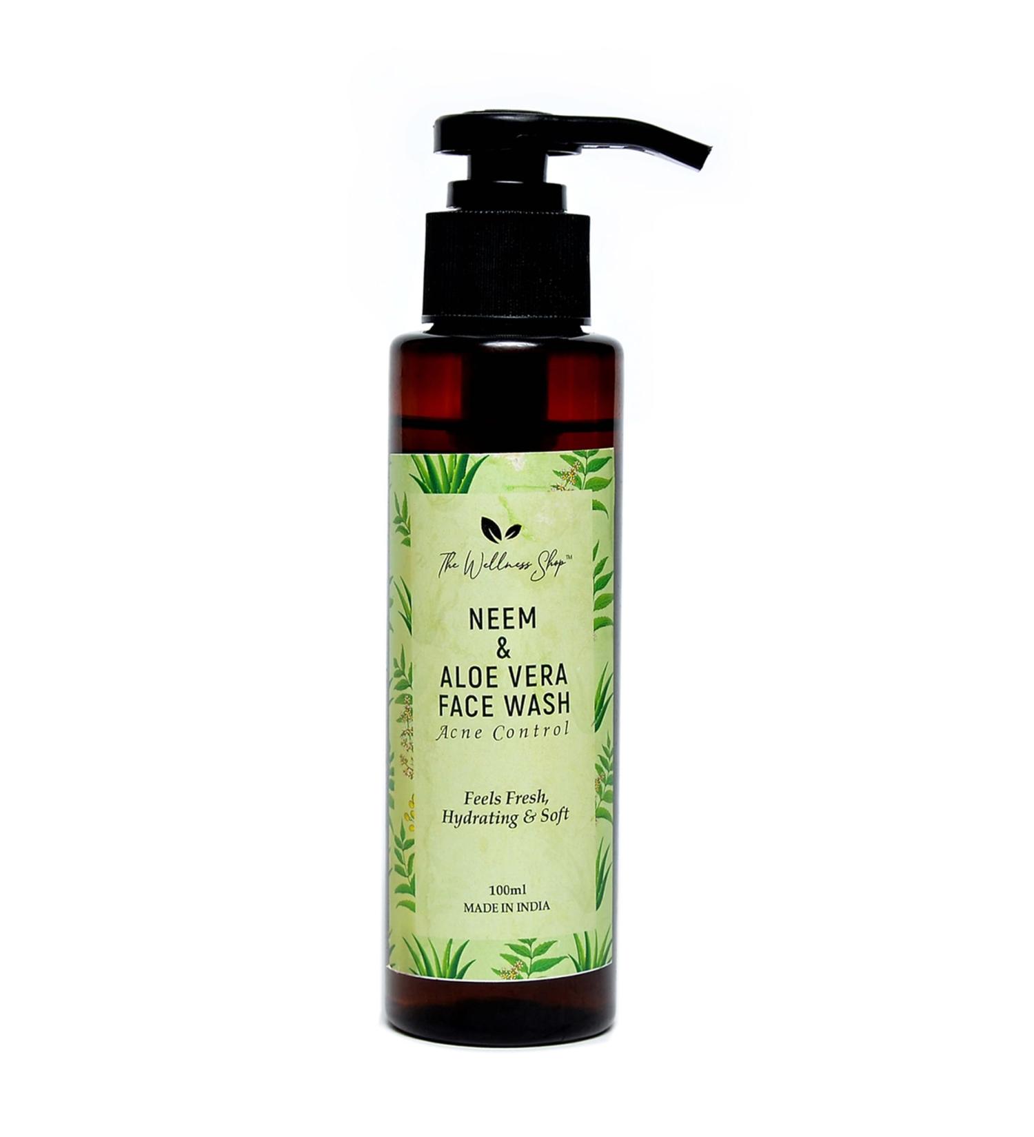 Neem & Aloe Vera Face Wash Gel - Exfoliating Paraben & Sulphate Free | Acne Prevention for All Skin Types | The Wellness Shop (100ml - Buy Online on GoSupps.com
