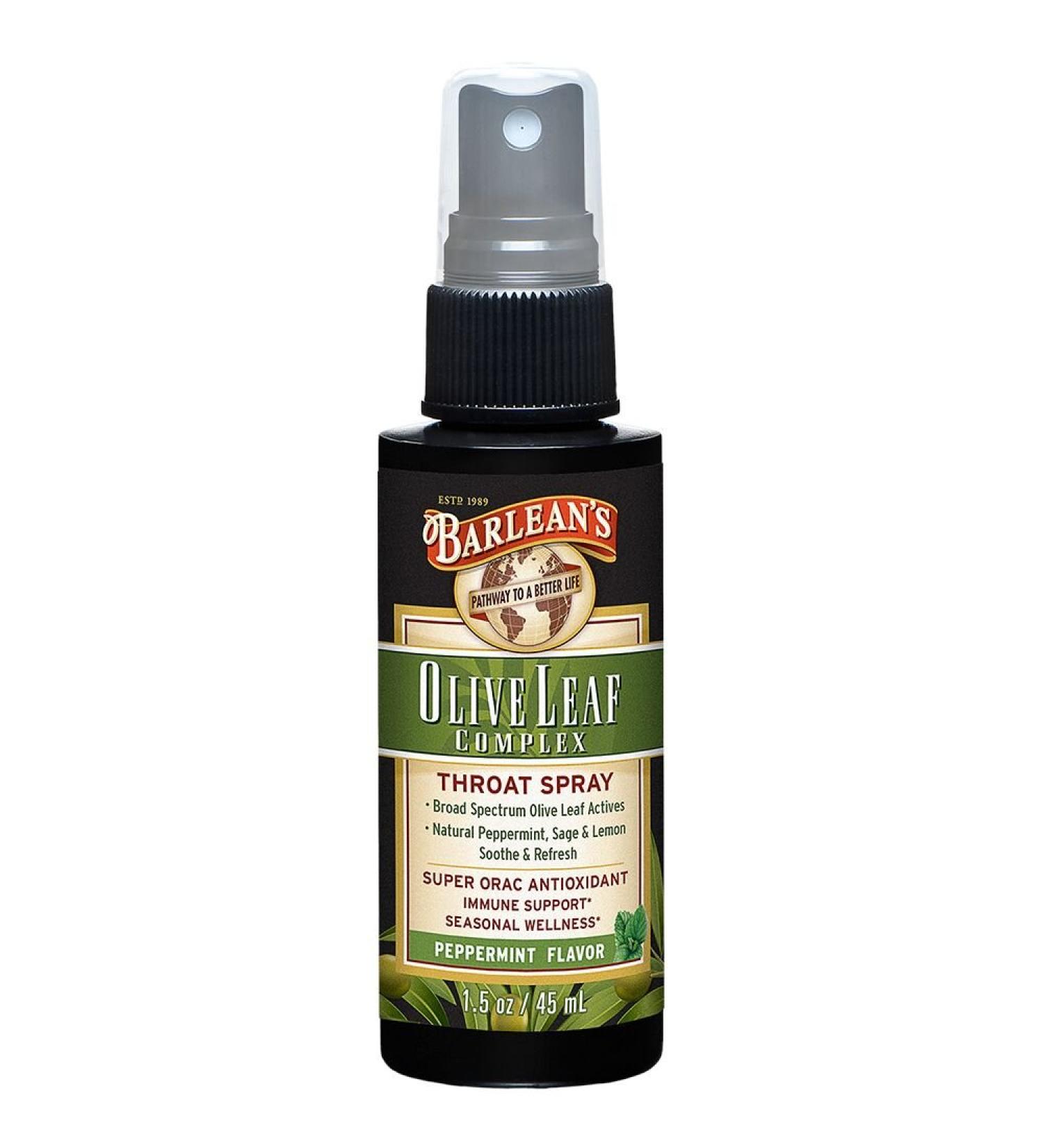 Barlean's Olive Leaf Throat Spray - Peppermint Flavor (1.5 fl oz) | Natural Herbal Relief - Buy Online on GoSupps.com