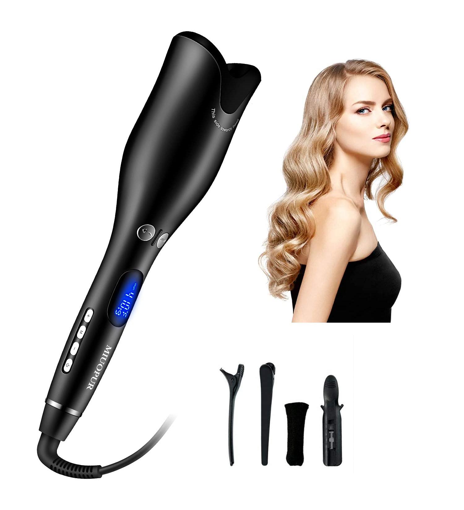 MIUOPUR Automatic Hair Curling Iron - Smart Auto Rotating Curling Wand with Ceramic Ionic Barrel & Temperature Display - Professional Styling Tool in Black - Buy Online on GoSupps.com