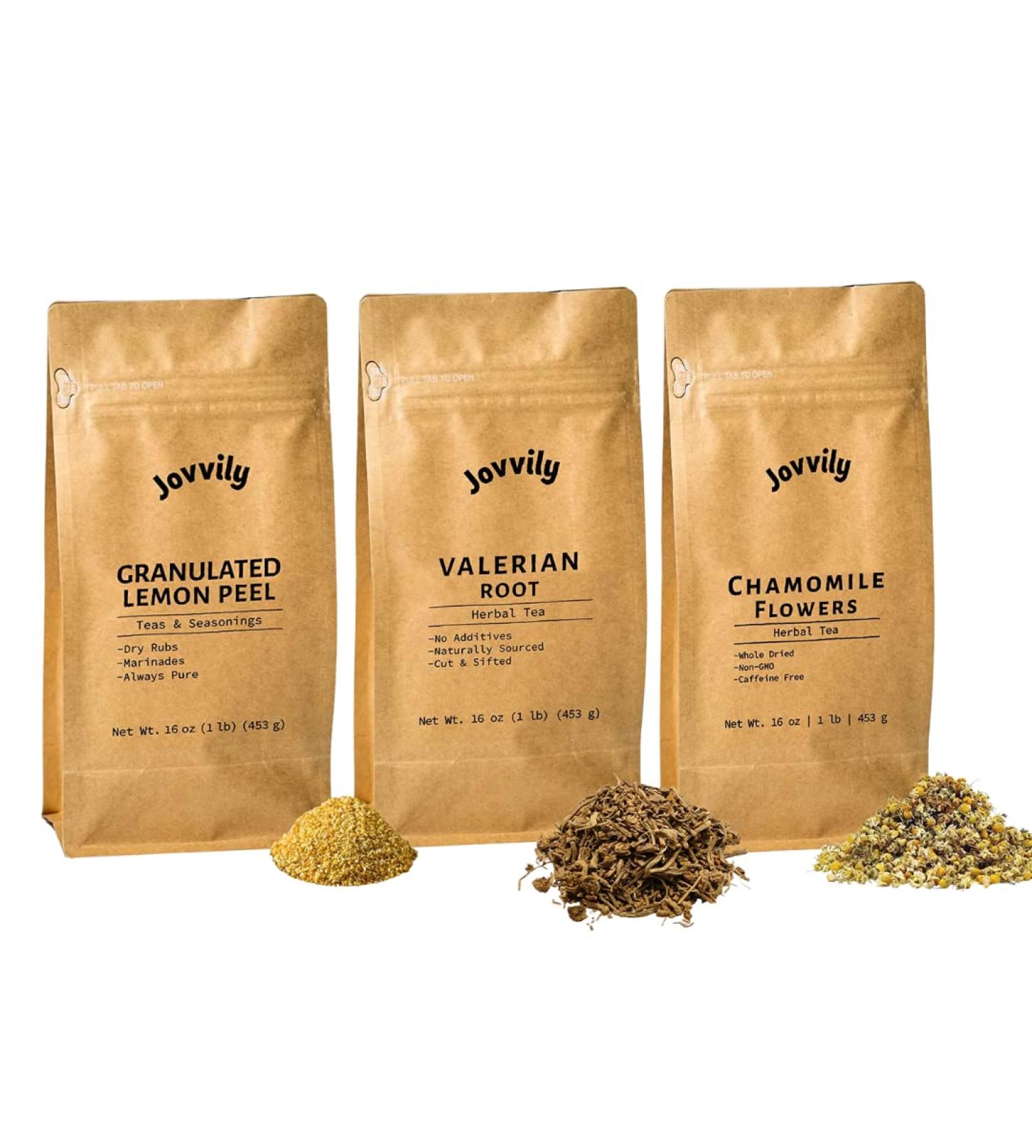 Jovvily Valerian Root Chamomile Flowers & Lemon Peel Bundle- 1lb - Cut & Sifted - Warm Teas - No Additives - Buy Online on GoSupps.com