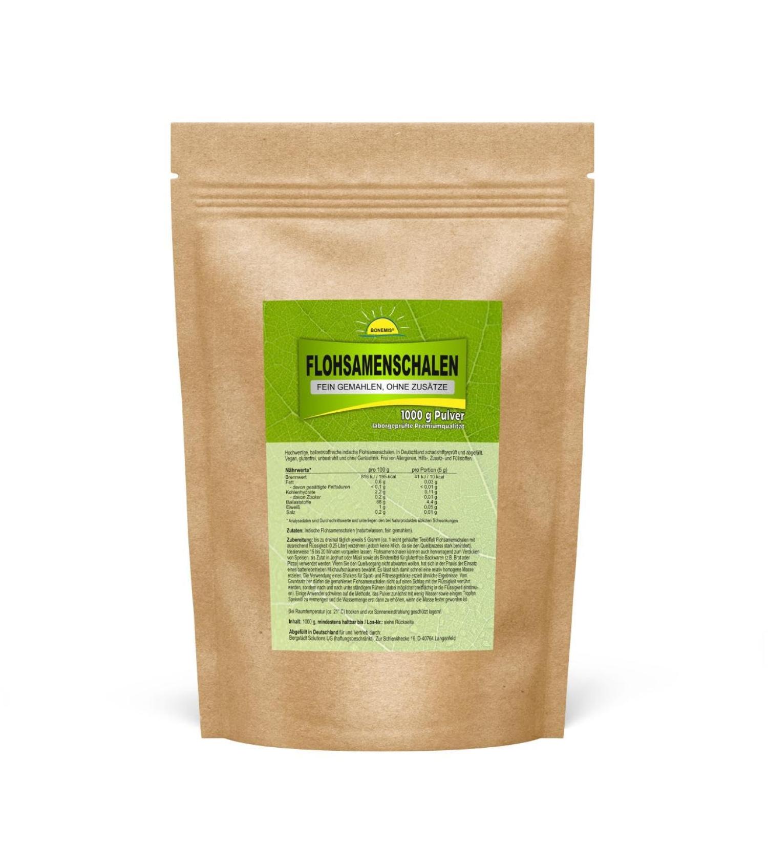 Premium Psyllium Husks 1kg - 100% Natural Finely Ground Powder | Bonemis - No Additives Tested in Germany - Buy Online on GoSupps.com