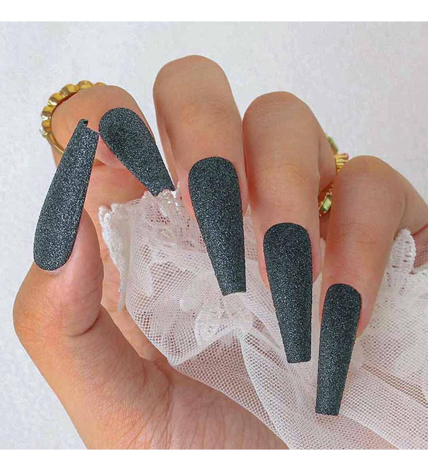 Sethexy Long Black Coffin Ballerina Nails | 24 Pack Matte Sparkle Acrylic Press-On Nail Tips for Women & Girls - Buy Online on GoSupps.com