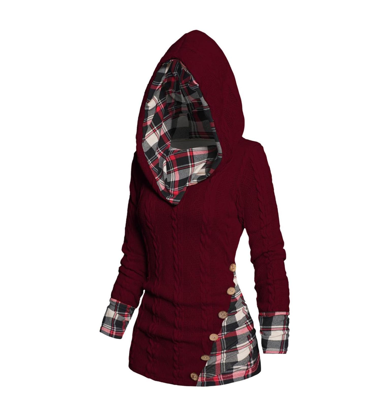 Yihaojia Womens Hooded Sweater Twisted Cable Knit Plaid Patchwork Hoodie Shirt Mock Button Shawl Neck Pullover Sweatshirts Wine Medium - Buy Online on GoSupps.com