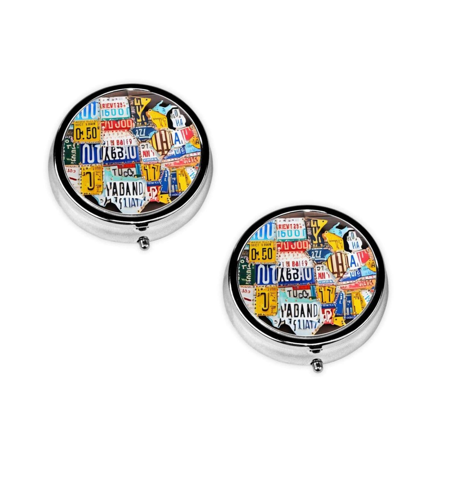 Buy License Plate Map Round Pill Box | 3 Compartment Mini Decorative Travel Organizer for Vitamins & Medicine - Buy Online on GoSupps.com