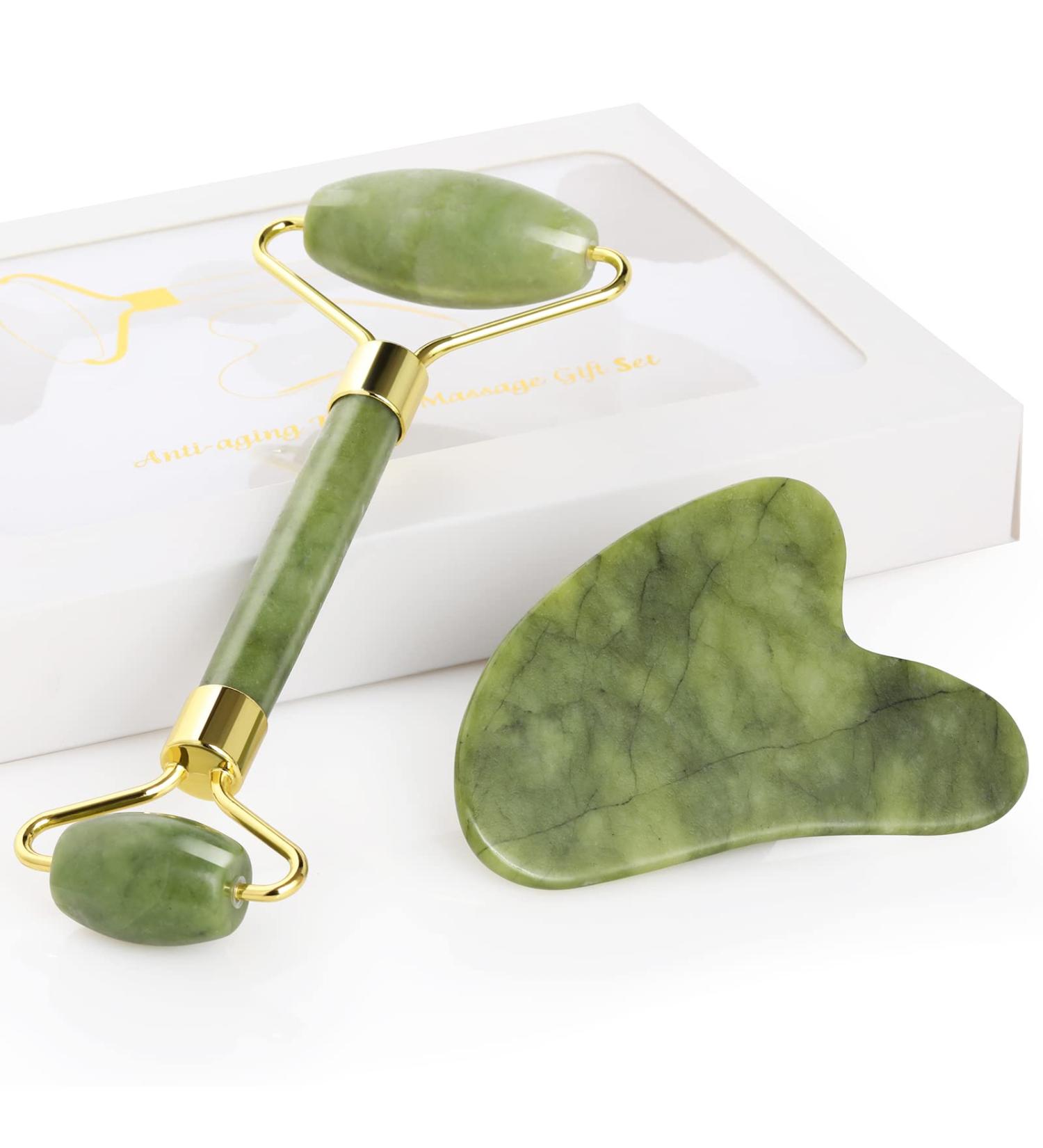Geeric Gua Sha & Jade Roller Set | Natural Green Facial Massager for Fine Lines Edema & Eye Swelling Relief | International Shipping Available - Buy Online on GoSupps.com