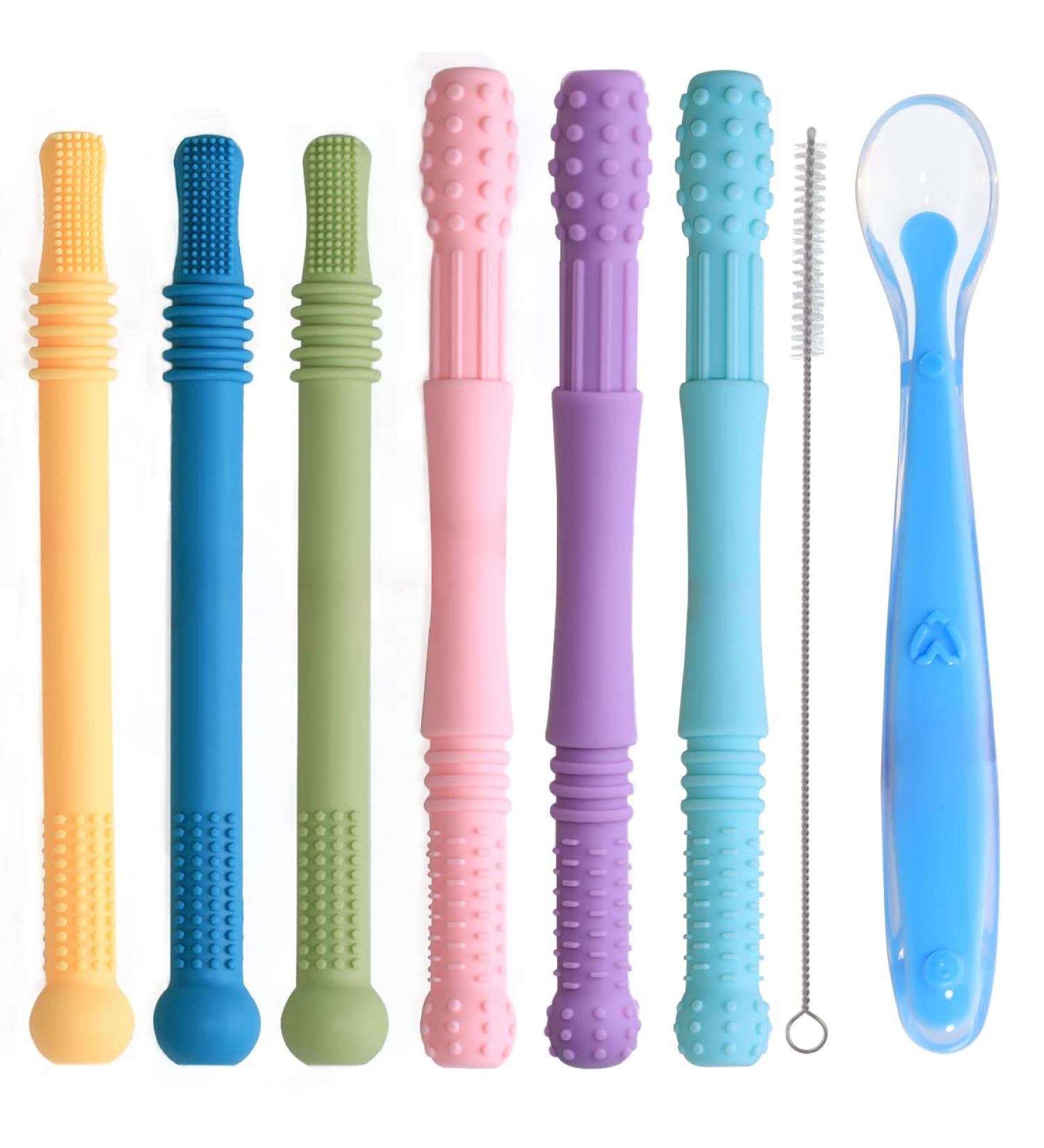 6-Piece BPA-Free Silicone Baby Bite Tube Set | Dental Aid & Food-Grade Bite Rings | Includes Cleaning Tool & Spoon | International Shipping Available - Buy Online on GoSupps.com