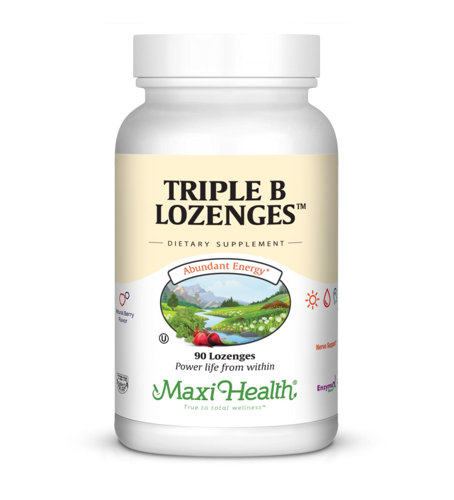 Maxi Health Triple B Lozenges - Vitamin B12 & B6 & Biotin - Strawberry Flavor - 90 Chewies - Kosher Strawberry - 90 Count (Pack of 1)