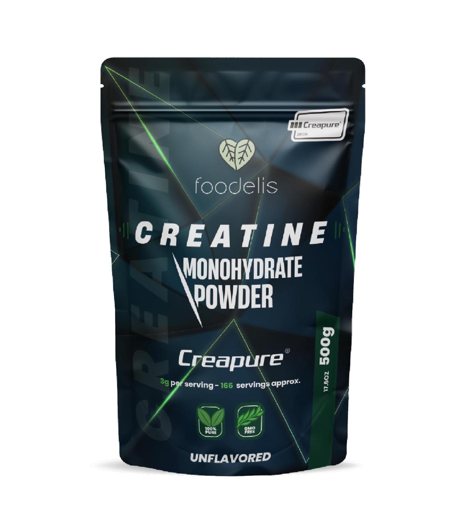 Foodelis Creatine Monohydrate Creapure 500g en poudre - 100% Creatine Creapure - Sans ar me Non-OGM Pure et sans additifs - Avec dosette incluse - Haute solubilit  - Buy Online on GoSupps.com