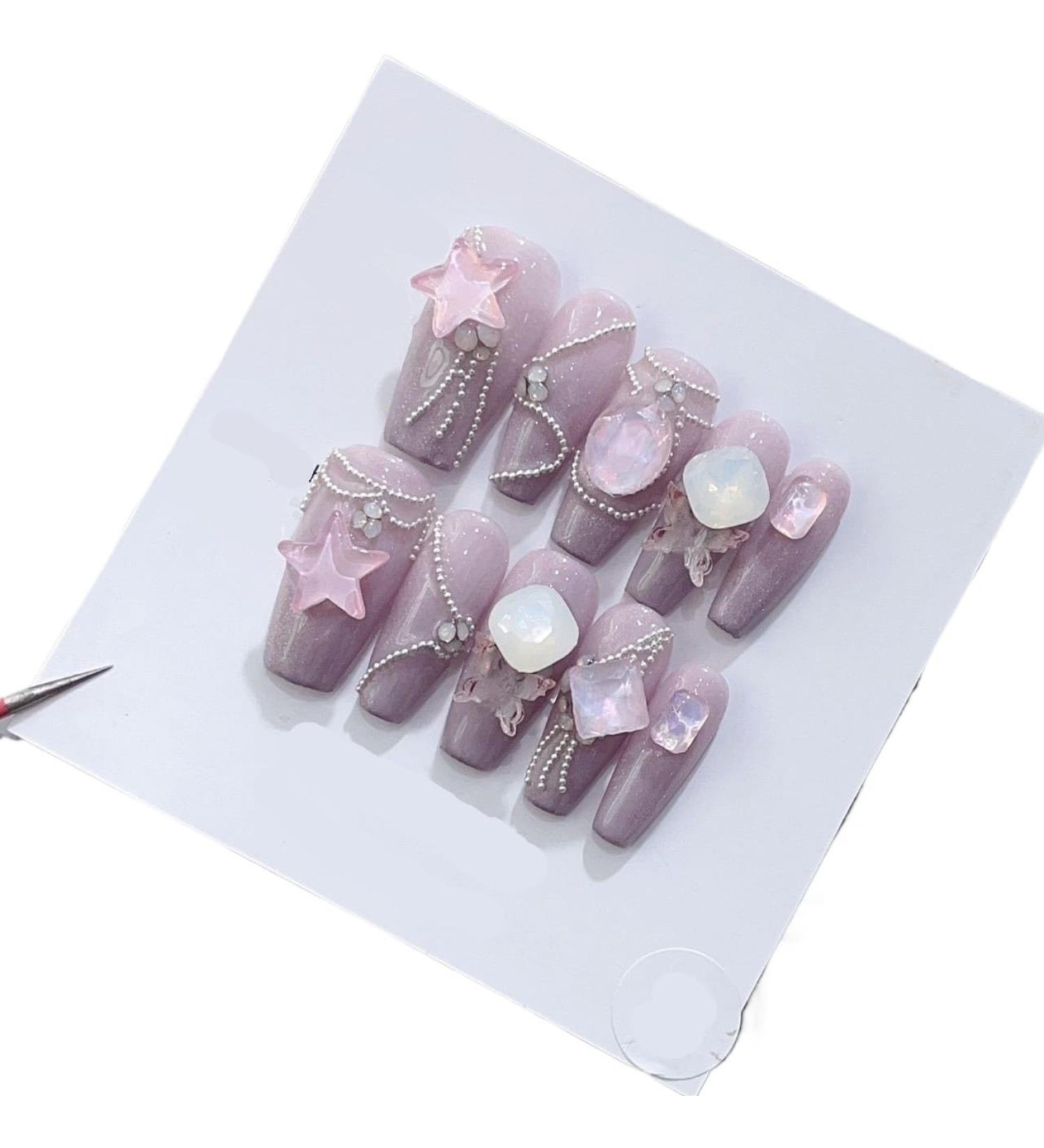 Handmade wearing of purple diamond patches on nails finished nail art medium length nail patches fake nails(S)
