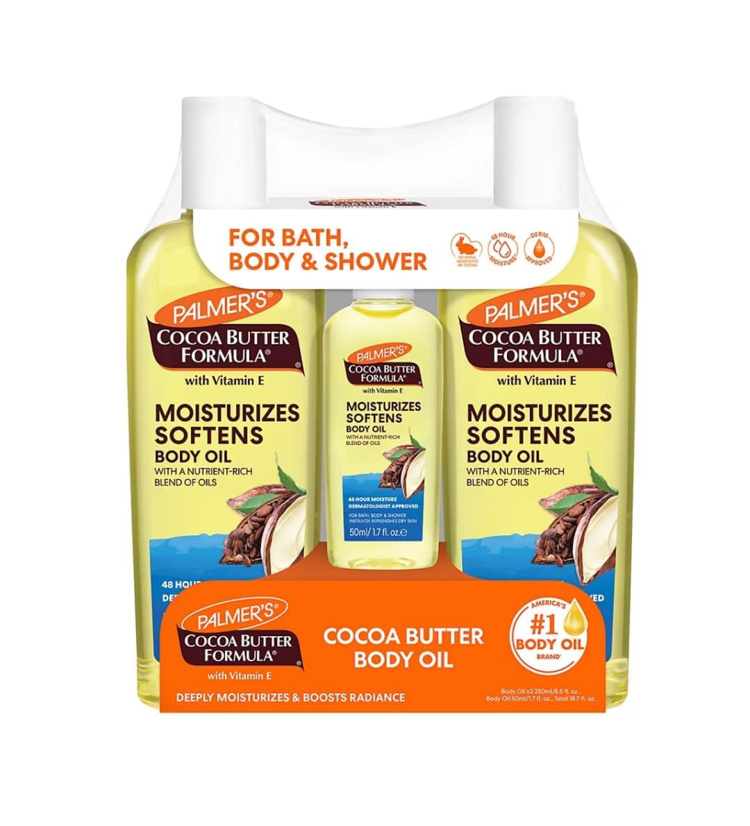 Buy Premium Cocoa Butter Formula Body Oil - 2 Full-Sized Bottles & Travel Size | Moisturizing & Vitamin E Infused | International Shipping Available - Buy Online on GoSupps.com