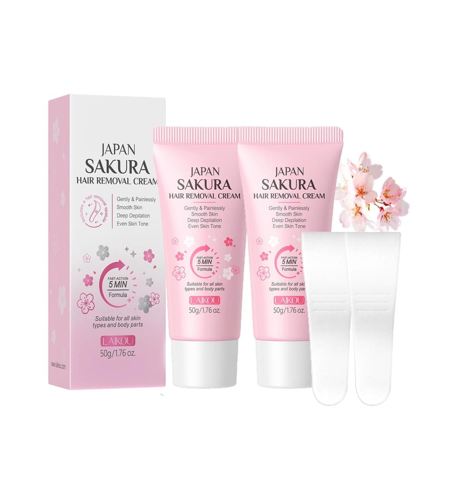 JAPAN SAKURA Lot de 2 cr mes d pilatoires indolores pour ligne de bikini corps jambes bras aisselles beurre d' pilation pour femme avec spatule pour tous les types de peau - Buy Online on GoSupps.com