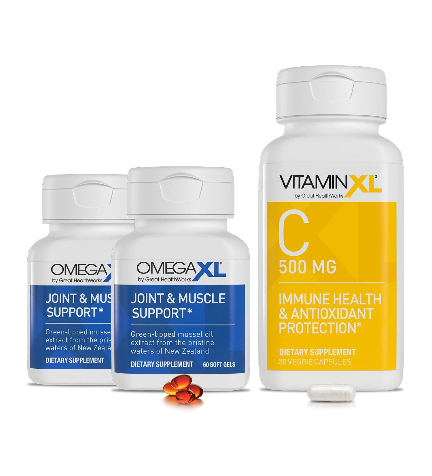 OmegaXL Joint Support Supplement, Natural Muscle Support 60 Softgels (2 Pack) & VitaminXL Vitamin C Supplement for Antioxidant Support, Helps Immune Health and Collagen Production (30 Vegan Capsules) - Buy Online on GoSupps.com