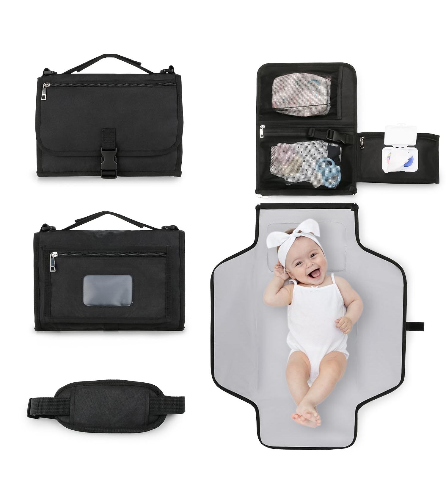 Bebamour Portable Nappy Changing Mats with Wipes Pocket - Waterproof Baby Changing Pad with Head Cushion and Infants Essentials - New Black - Buy Online on GoSupps.com