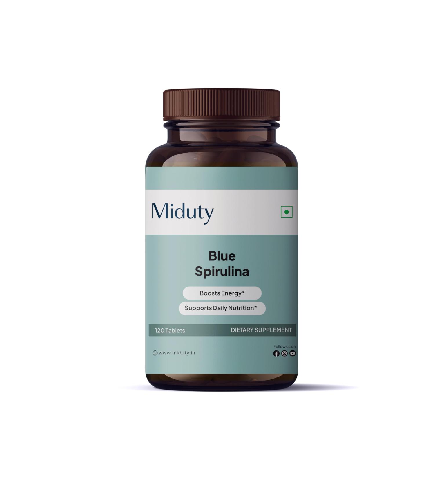 Miduty by Palak Notes Blue Spirulina - Spirulina - Phycocyanin Coated - Gluten Free - Non-GMOs - 120 Tablets - Buy Online on GoSupps.com