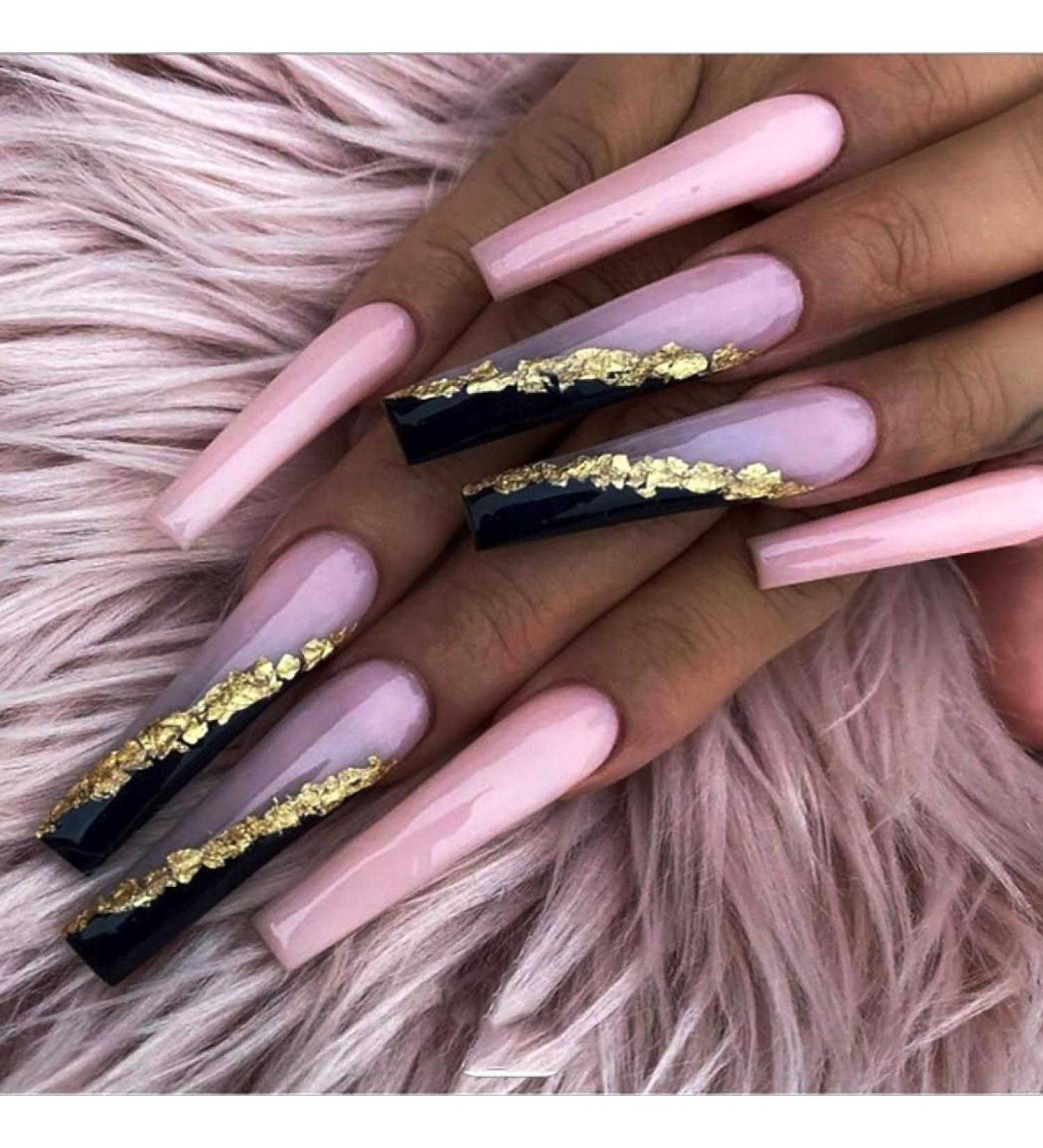 Brishow French Press-On Nails - Long Ballerina Acrylic with Gold Glitter 24-Piece Set for Women & Girls - Buy Online on GoSupps.com