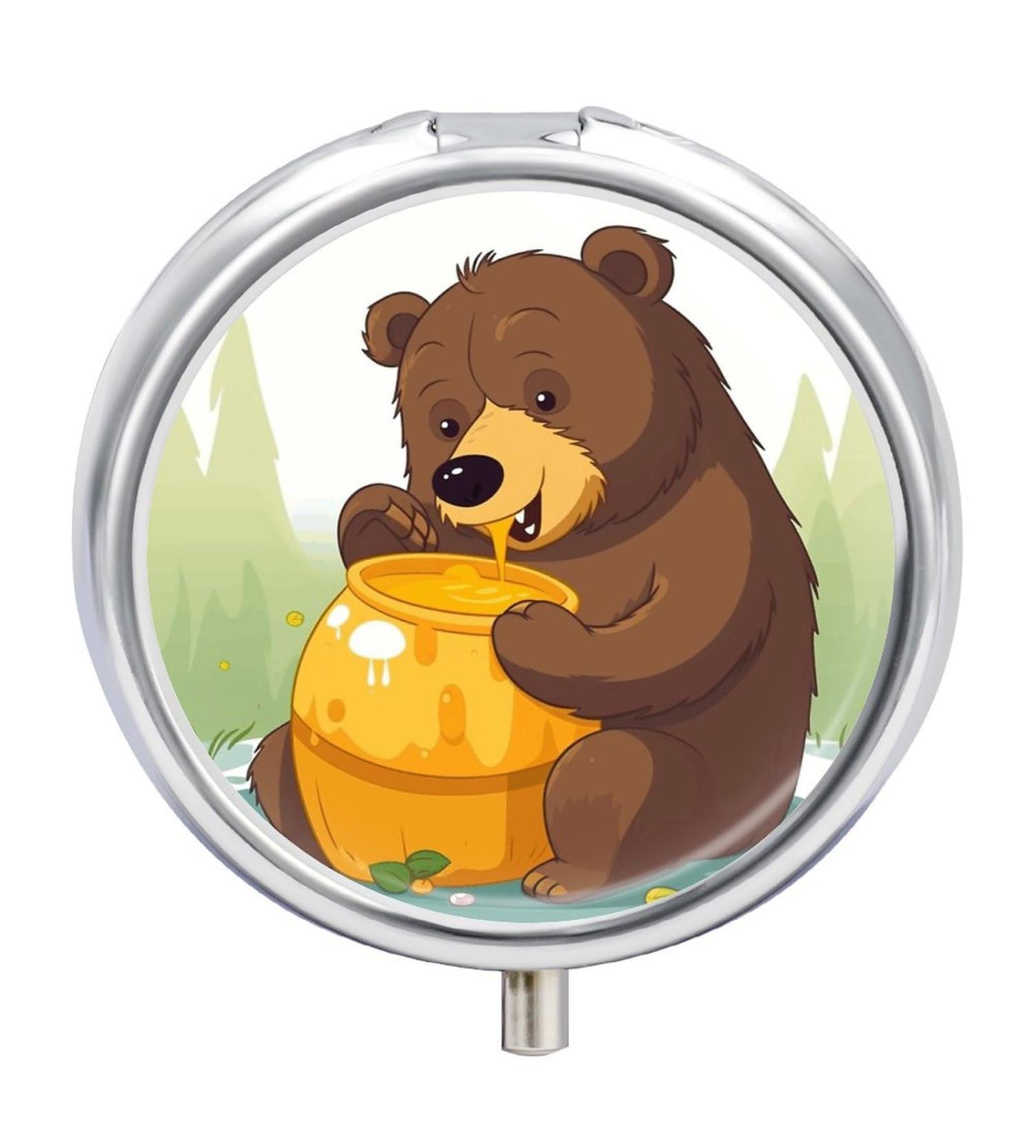 Round Bear Honey Print Pill Box - 3 Compartment Portable Medicine Organizer | Decorative Metal Pocket Pill Case - Buy Online on GoSupps.com