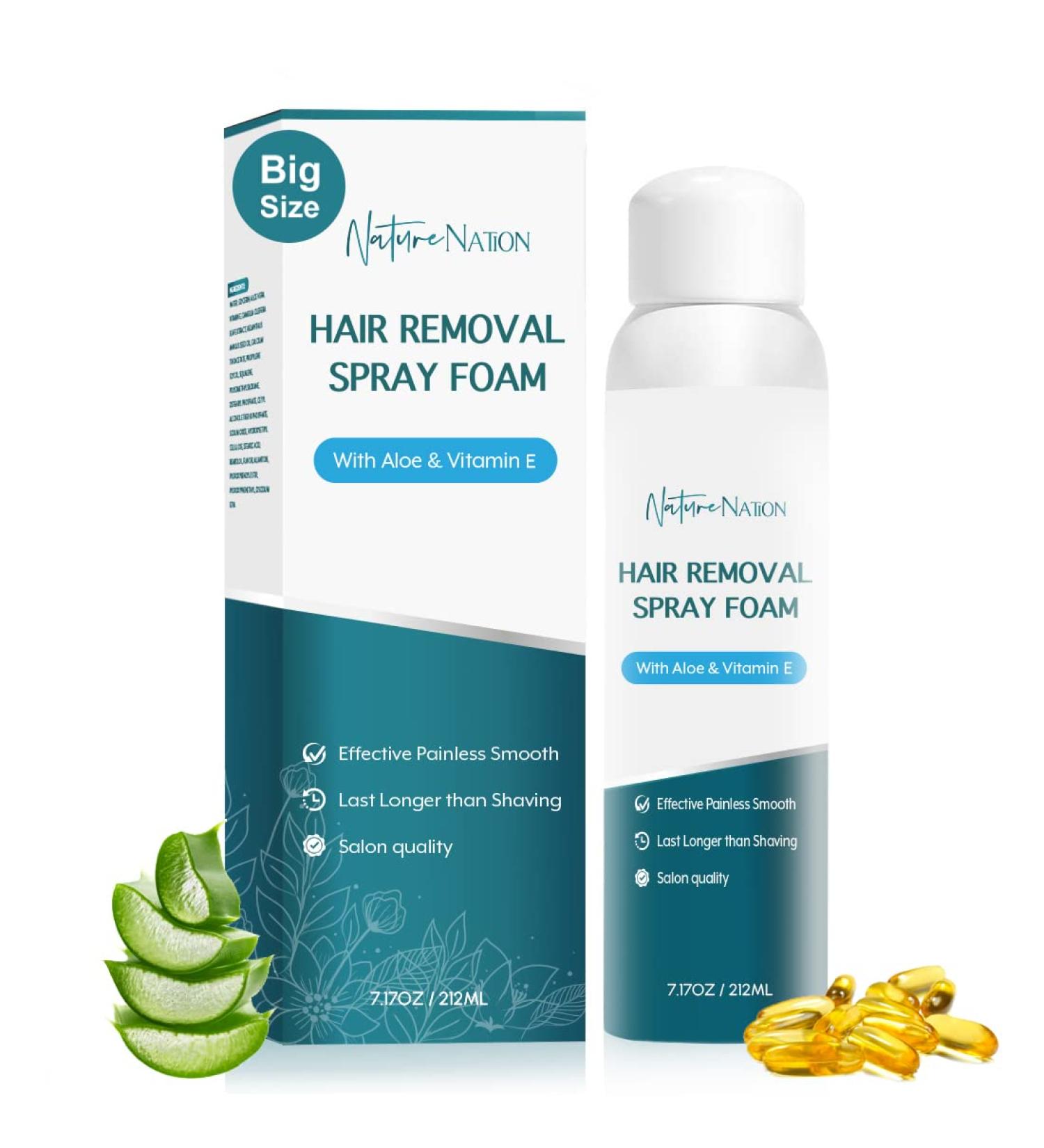 Nature Nation Hair Removal Spray Foam - 7.17 oz - Aloe Vera & Vitamin E Formula - Painless Hair Removal Cream for Women and Men - Buy Online on GoSupps.com