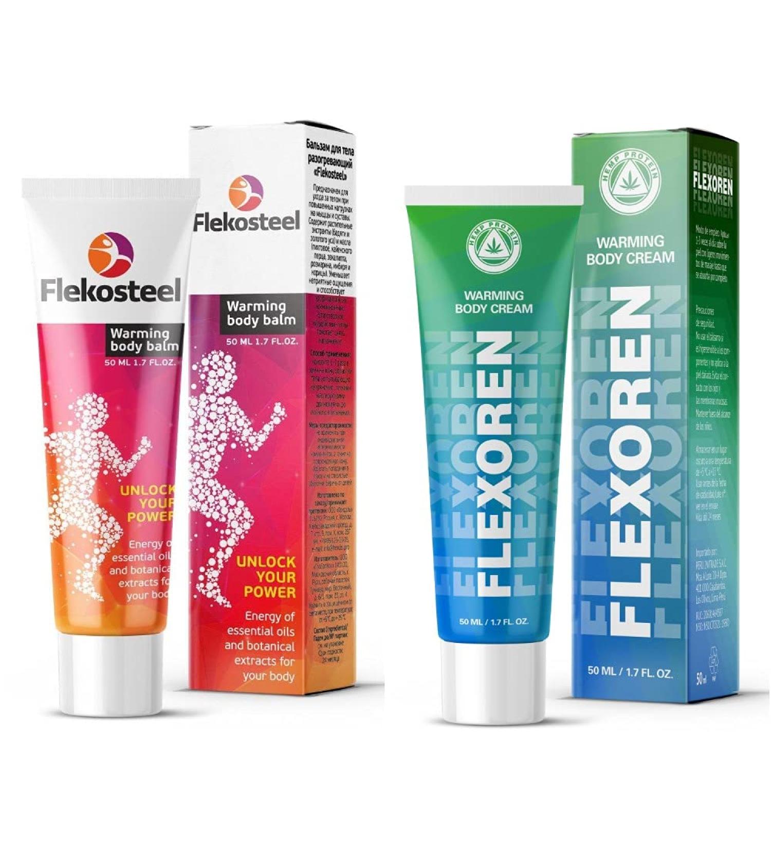 Flekosteel Warming Body Balm 2 x (1.7 oz / 50 ml) + 2 TUBE Flexoren | Original Russian Product with Hologram | Fresh Stock - Buy Online on GoSupps.com