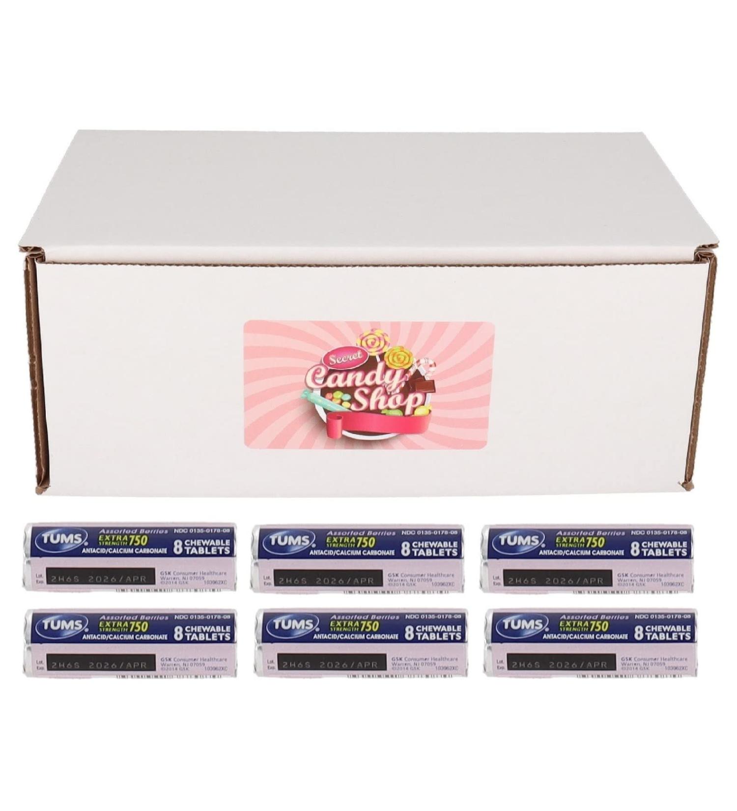 SECRET CANDY SHOP Tums Extra Strength 750 Roll of 8 Chewable Tablets (Pack of 6) (Assorted Berries)