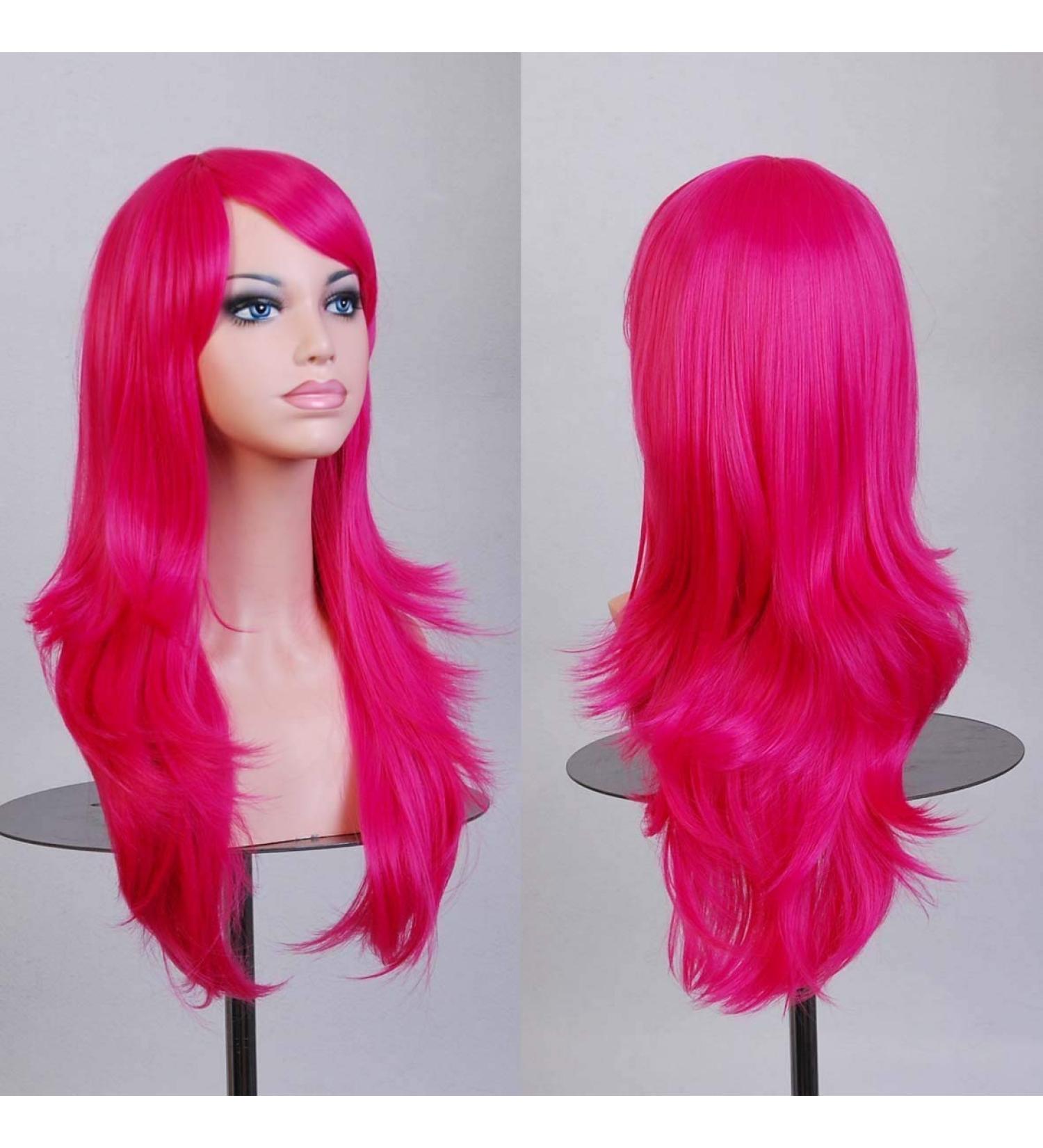 Colorfulpanda Cosplay Wig with Side Bangs Long Curly Full Hair Wig for Women Anime Halloween Costume Party 28 Inch/70cm Color Hot Pink Rose Red