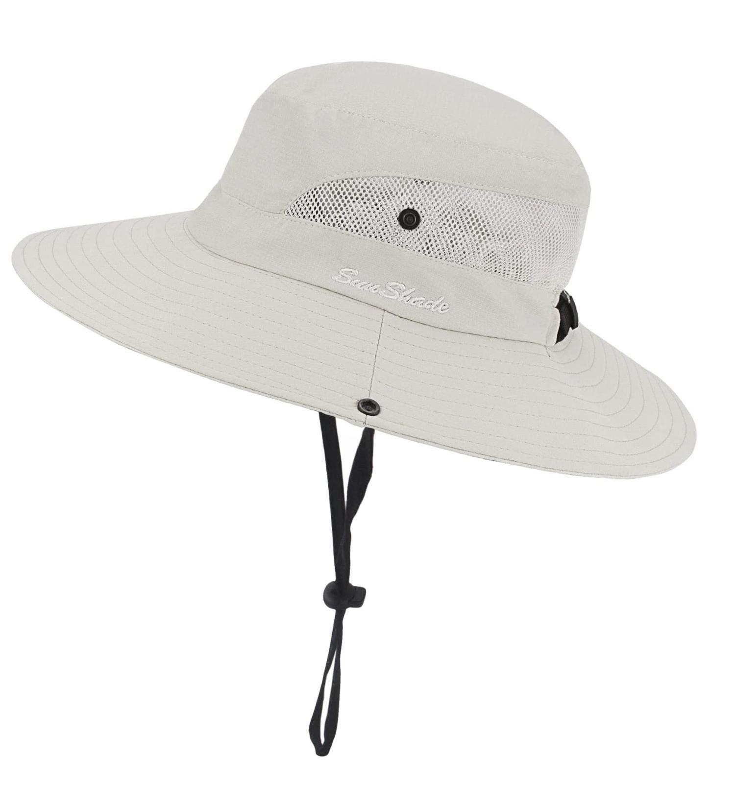 Women's UV Protection Wide Brim Sun Hat - Foldable Beach Bucket Hat with Ponytail Hole, Beige - Buy Online on GoSupps.com