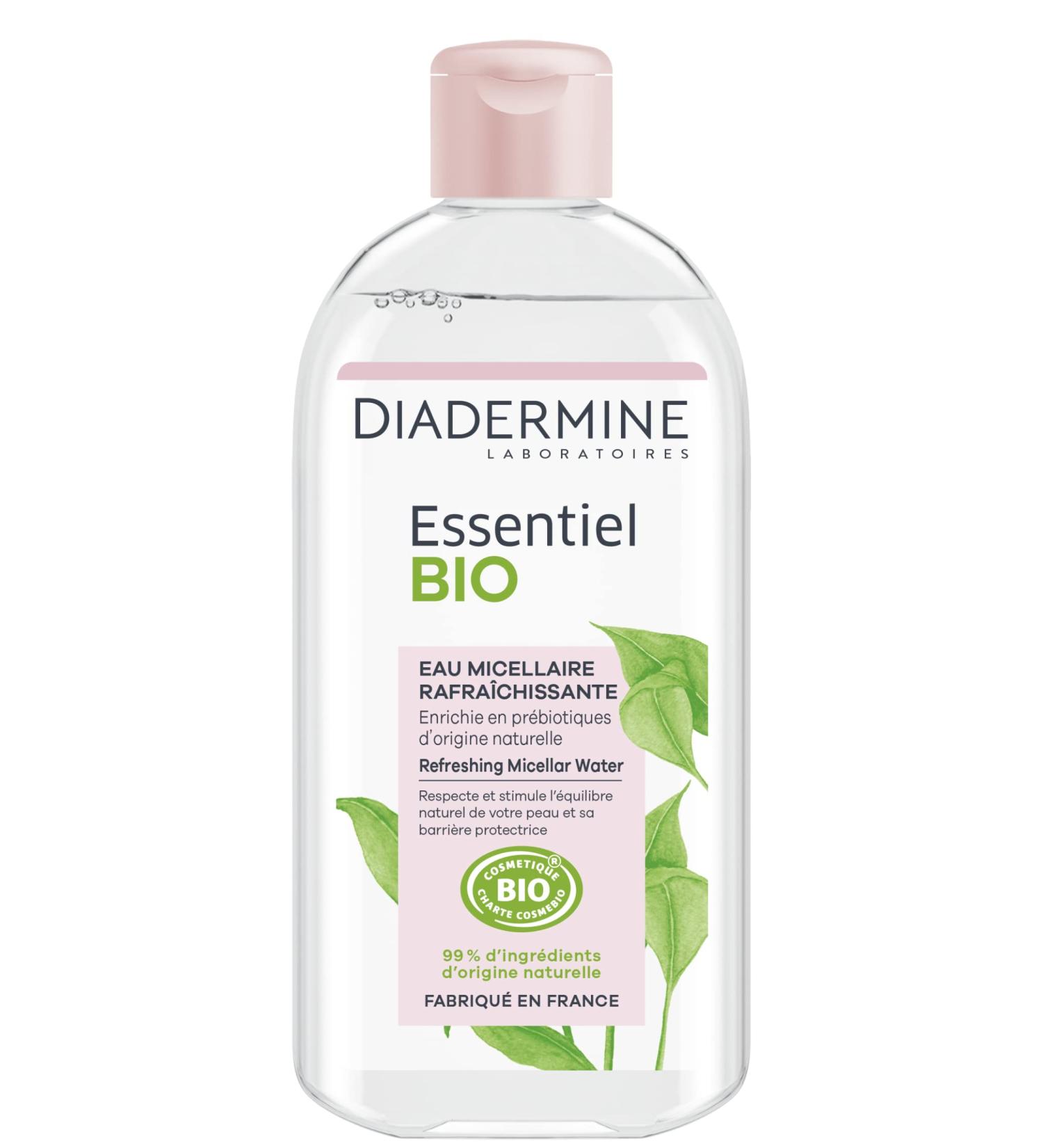 Diadermine - Essentiel Bio - Refreshing Micellar Water - Facial Cleanser - Enriched with Prebiotics of Natural Origin - Certified Organic - 99% ingredients of natural origin - 400ml bottle - Buy Online on GoSupps.com