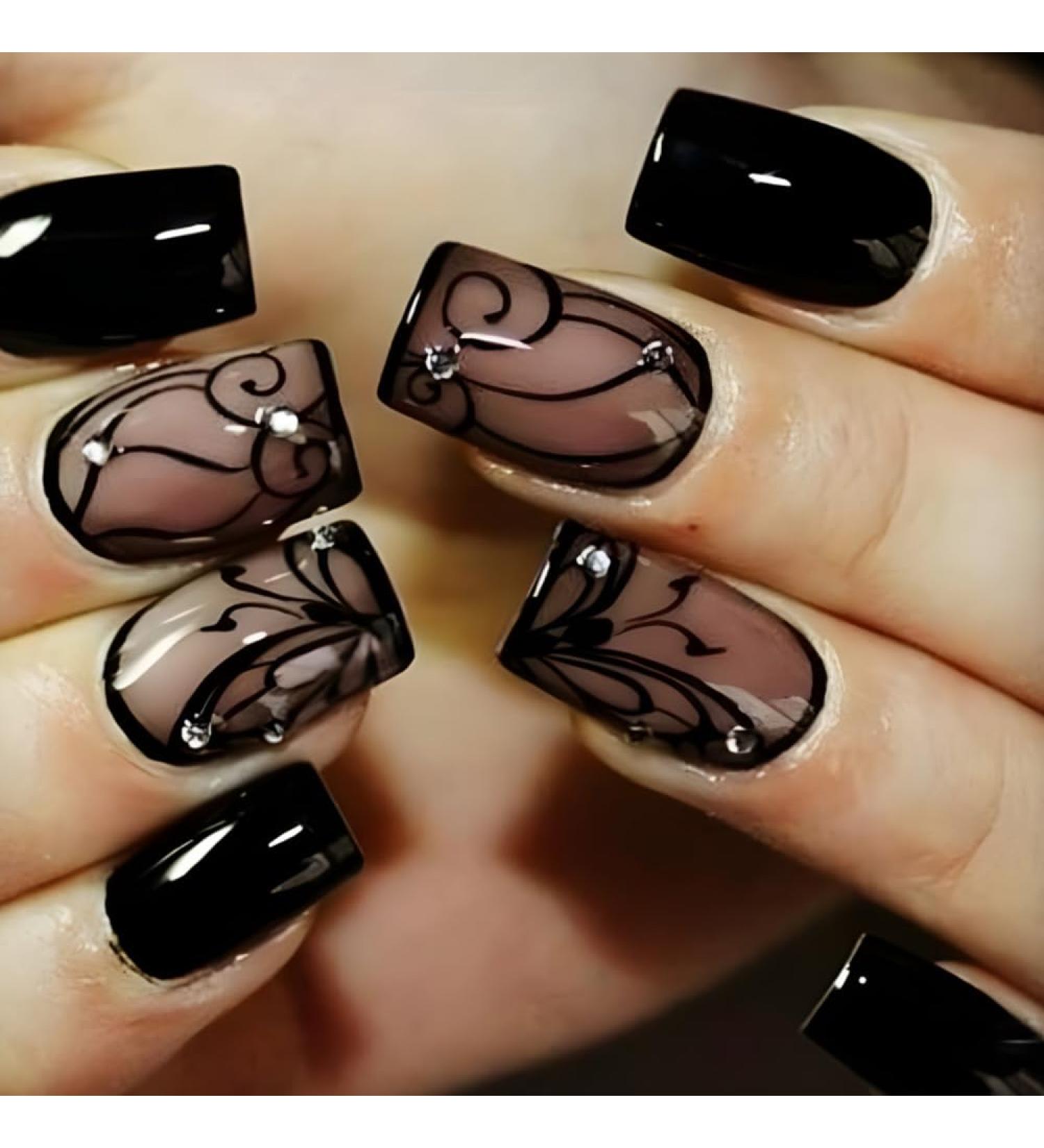 Buy Black Press On Nails - Short Square Acrylic Nails with Glossy Finish | 24 Pcs Full Cover Stick On Nails for Women & Girls - Buy Online on GoSupps.com