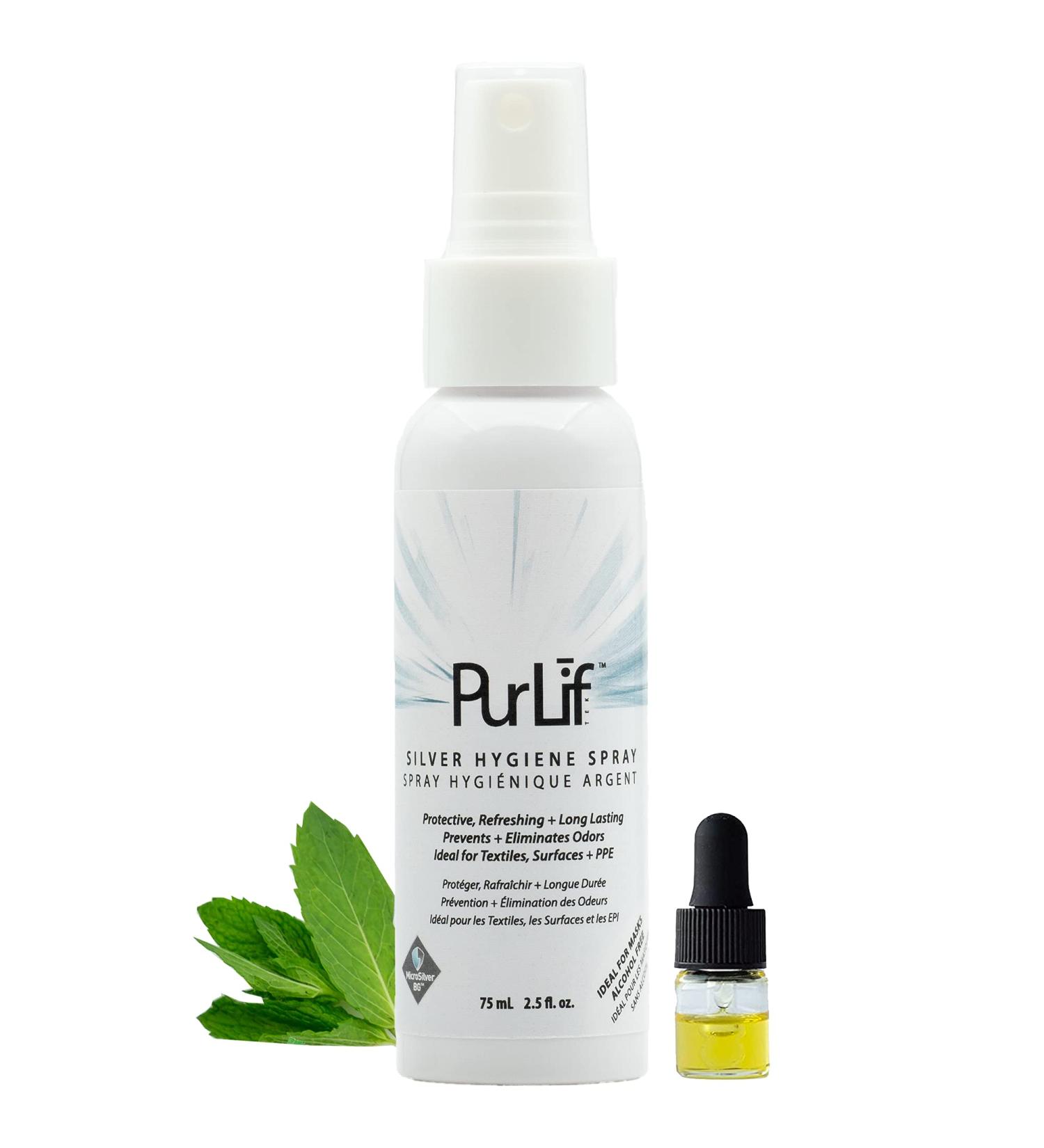 PurLif MicroSilver Hygiene Mask Fabric Surface Spray and Deodorizer + 1mL Organic Essential Oil Dropper Bottle - Travel Size (Peppermint)