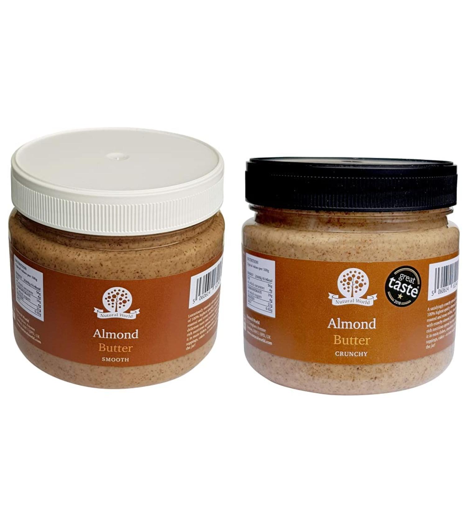 Nutural World - Smooth Almond Nut Butter (1kg) - 100% Pure - Single Ingredient & Crunchy Almond Nut Butter (1kg) Great Taste Award Winner - 100% Pure - Single Ingredient + Almond Nut Butter - Buy Online on GoSupps.com