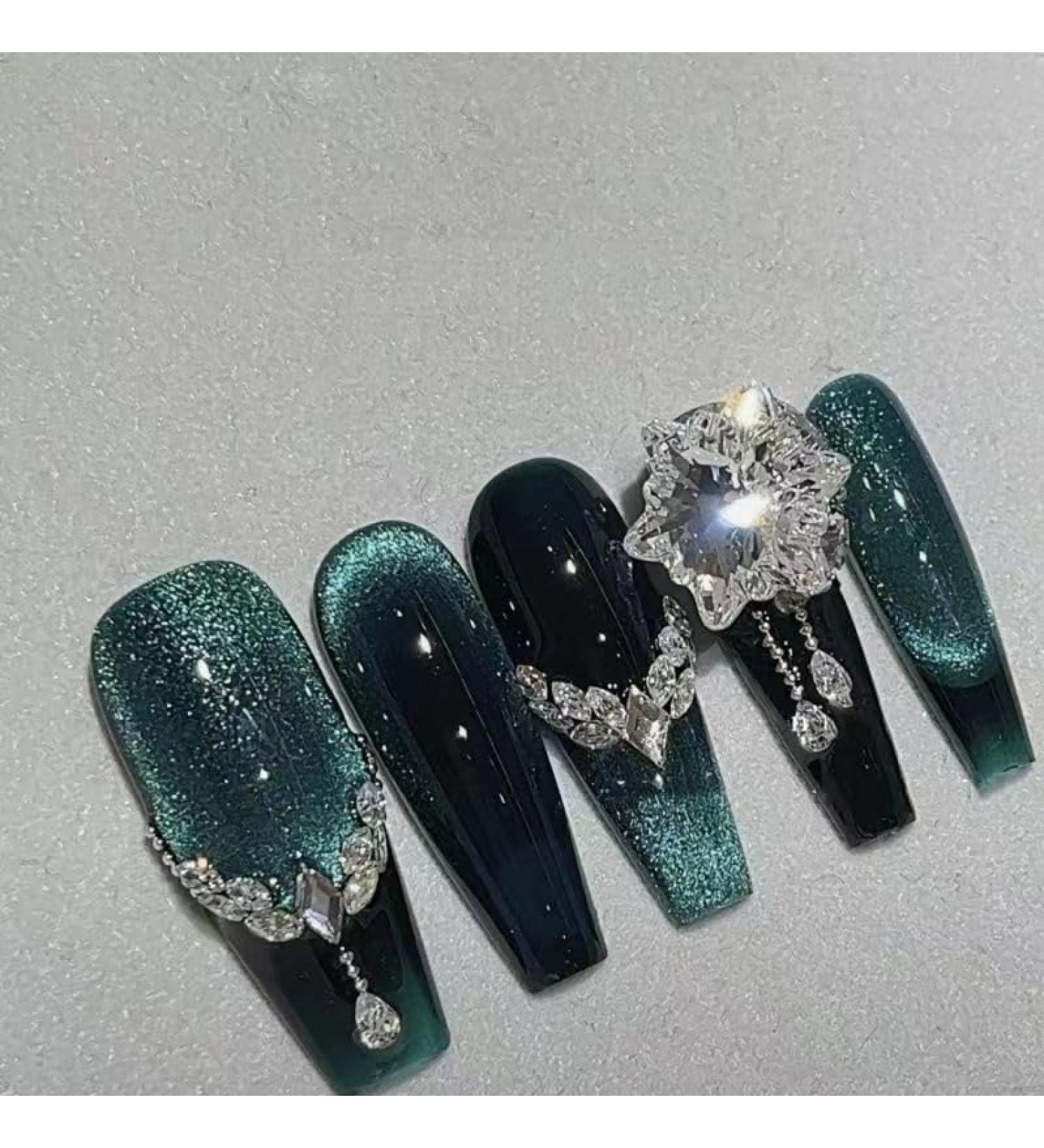 Temperament enhancement nail dark green hand-worn nail new dark dark green cat's eye zircon retro finished nail stickers (10 pieces)(XS)
