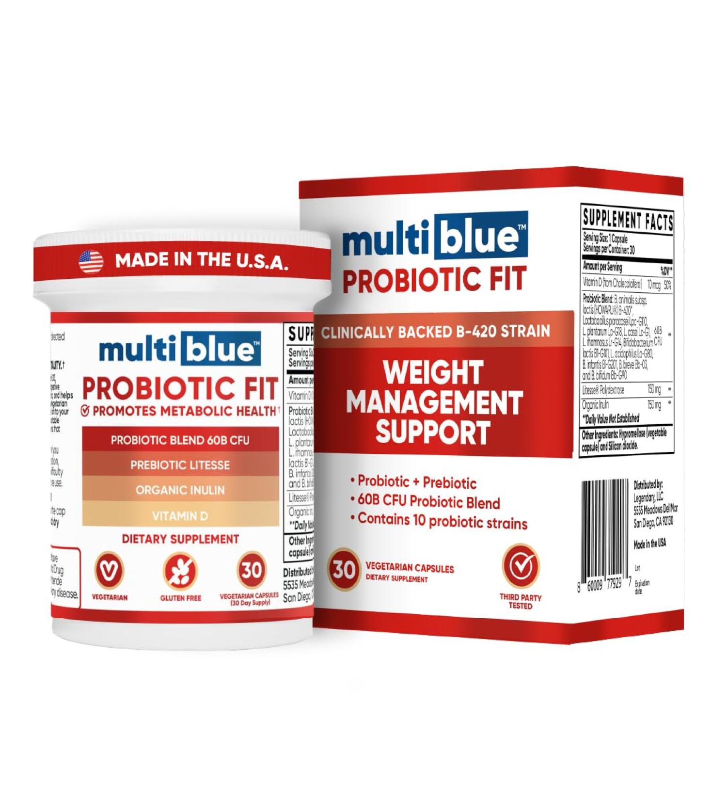 MultiBlue Probiotic Fit Supports Natural GLP-1 & Appetite Control for Women & Men Bifidobacterium B-420 Digestive & Gut Health 10 Probiotic Strains 60 Billion CFU Prebiotic + Vitamin D3 30ct 30 Count (Pack of 1) - Buy Online on GoSupps.com