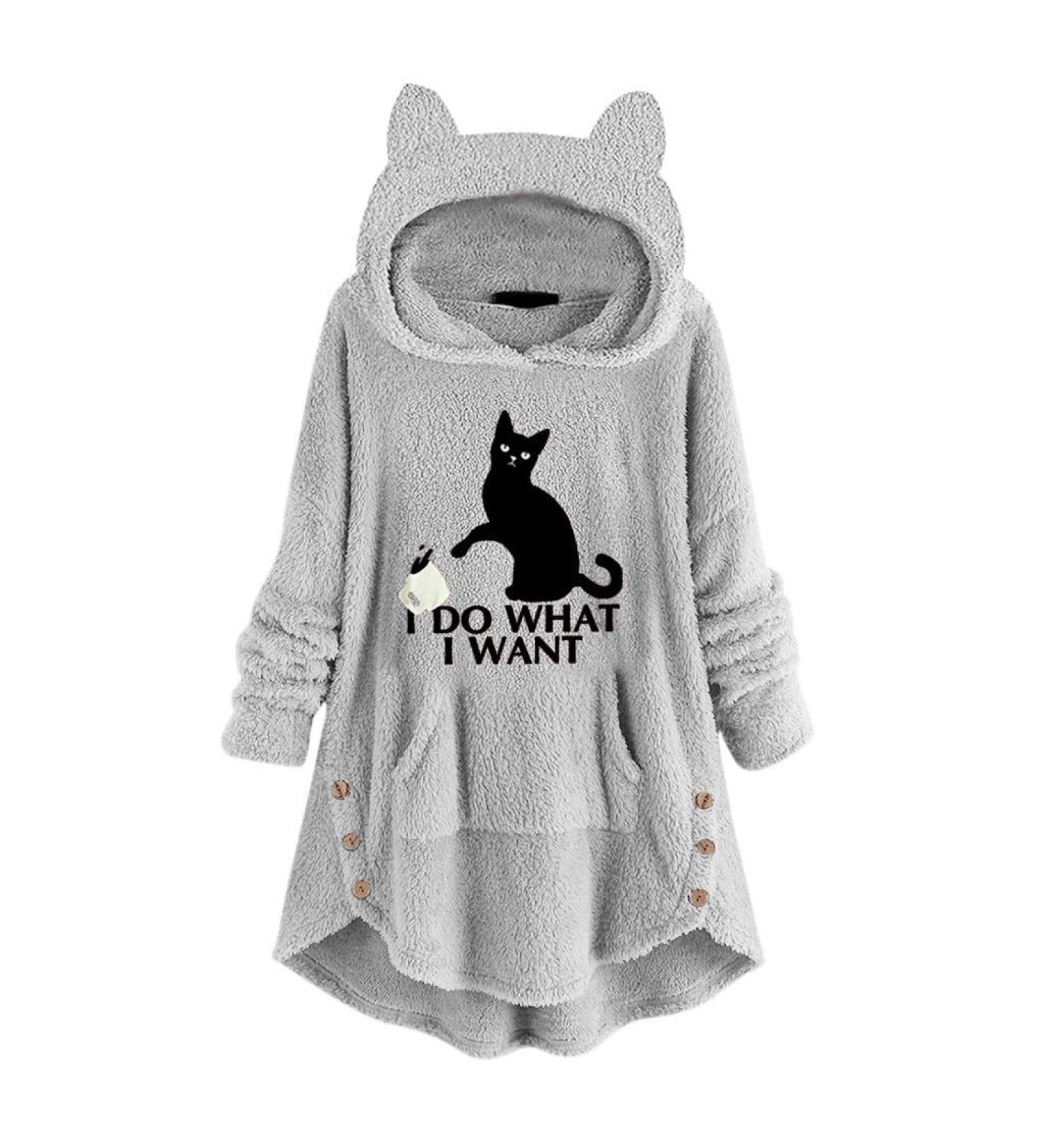 Bigfanshu Women's Coat Hoodies Sweatshirt Fleece Embroidery Cat Ears Button Hem Hoodie Top Pocket Female Blouse Gray