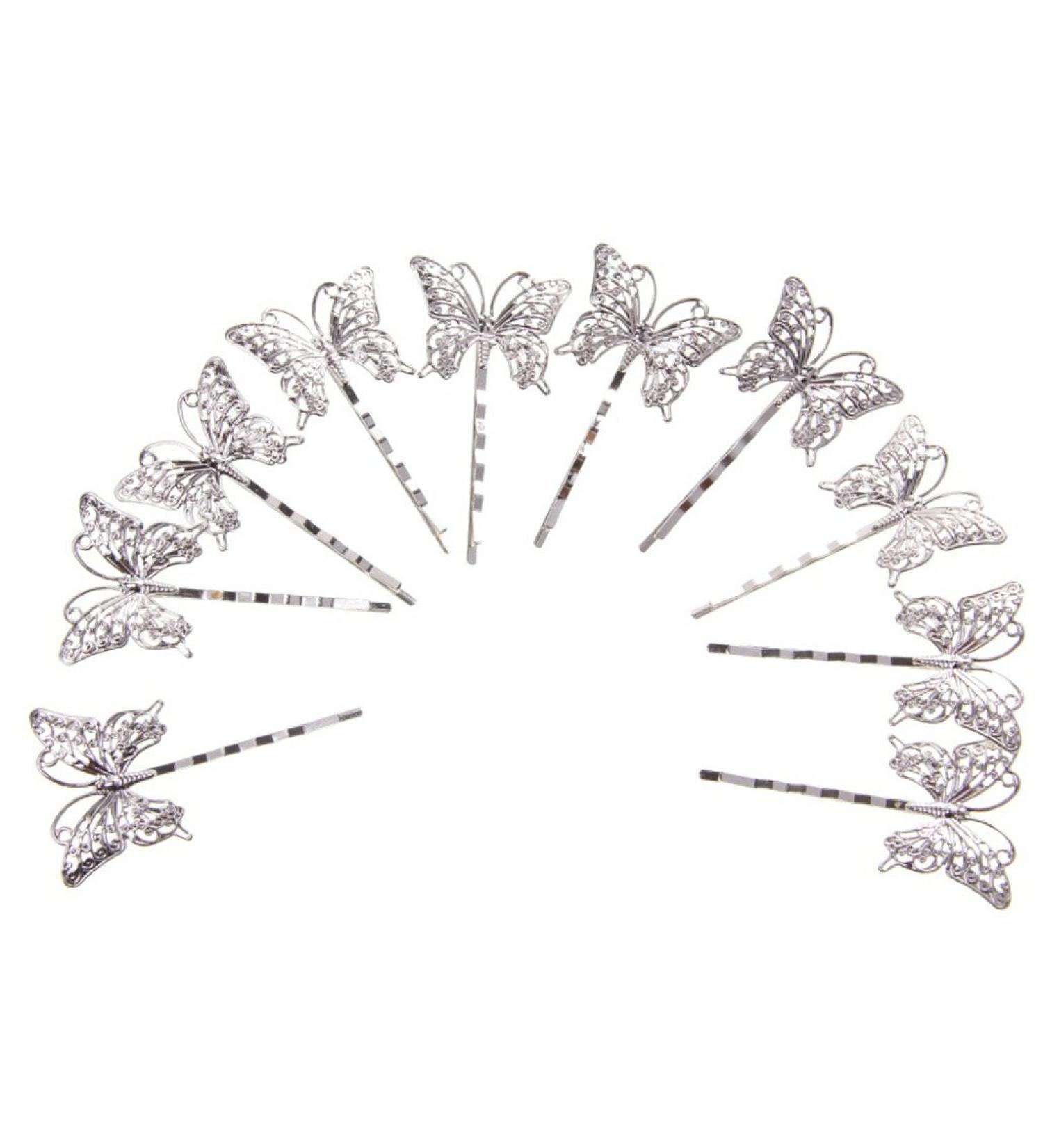 super1798 10Pcs Vintage Hollow Butterfly Charm Hair Clips DIY Hairstyle Bobby Pin - Silver