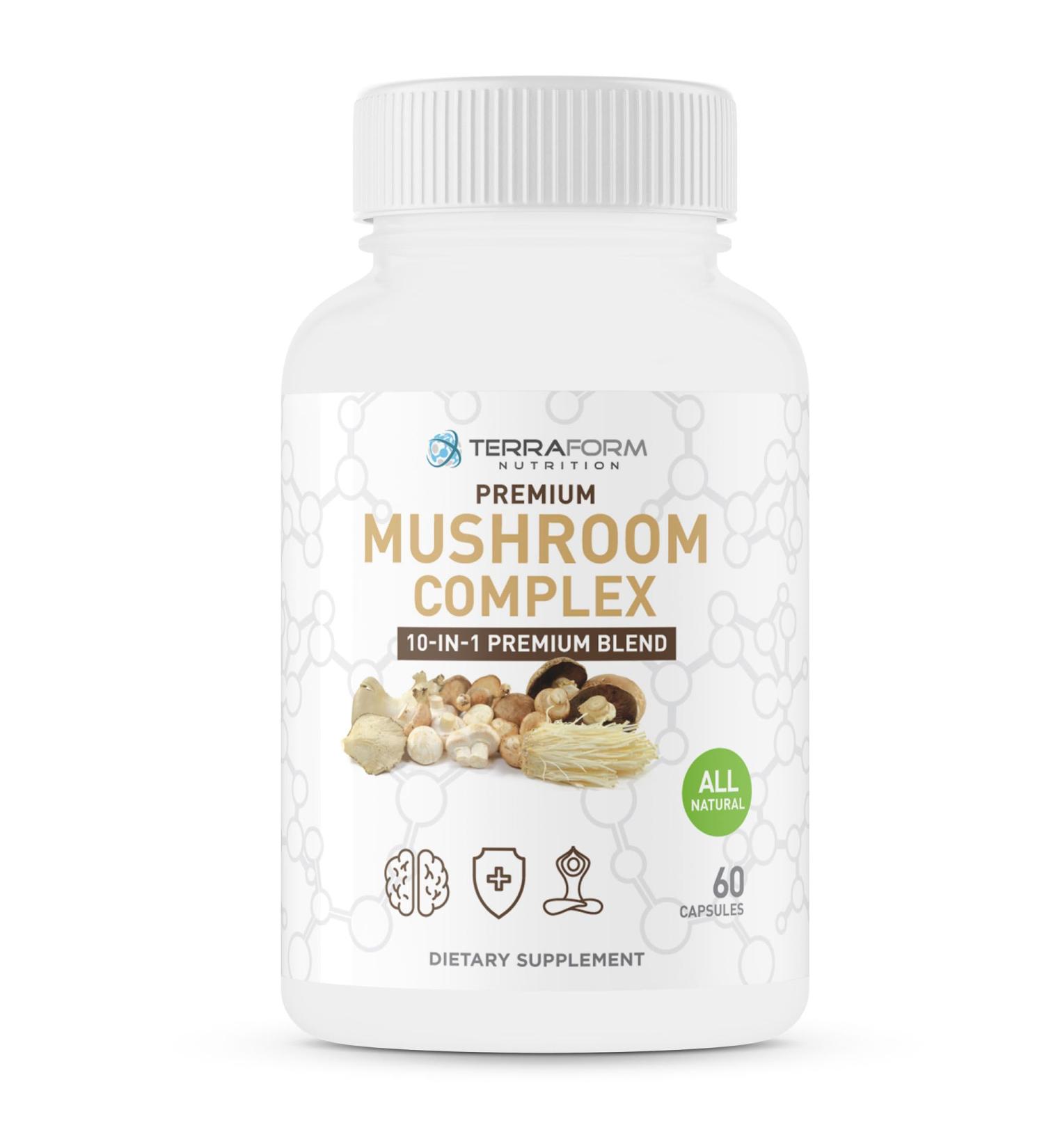 Premium Mushroom Complex - 10 Powerful Mushroom Supplement - Cordyceps Reishi Shiitake Lions Mane Maitake Turkey Tail Chaga Royal Sun White Button Black Fungus Mushroom - 60 Capsules - Buy Online on GoSupps.com