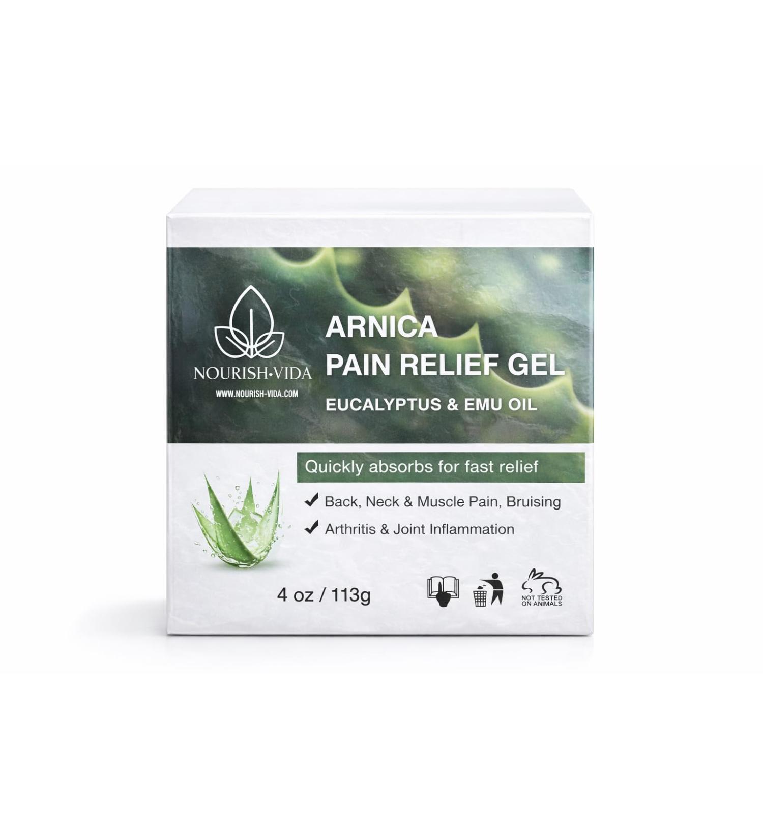 Nourish-Vida Arnica Pain Relief Gel - Muscle and Joint Support with Eucalyptus Emu Oil and Aloe Vera for Back Neck Bruising Arthritis Inflammation and Soreness - (4 oz)