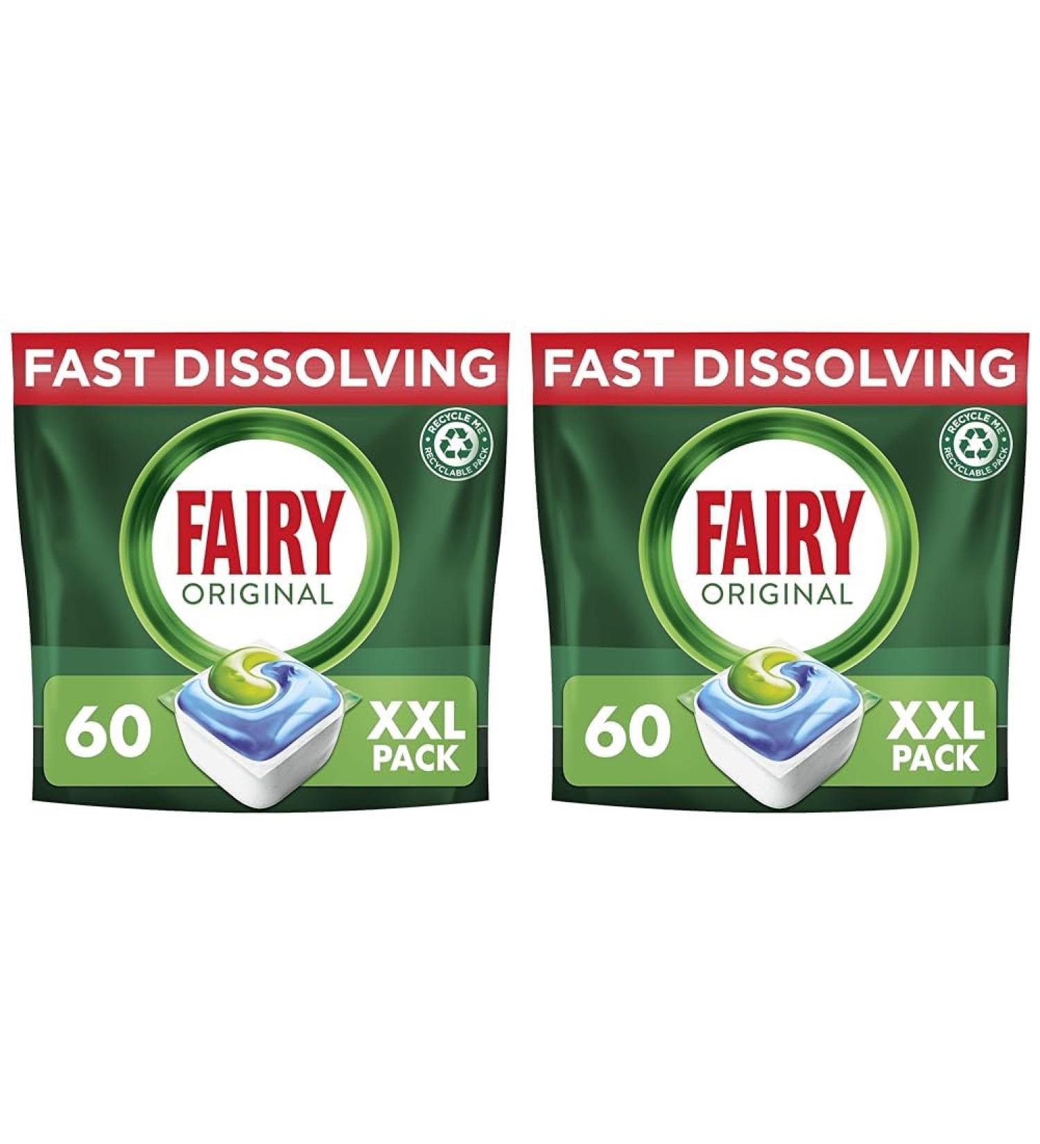 Fairy All-In-1 Dishwasher Tablets 60 Capsules Original Effective Even On Dried-On Grease (Pack of 2)