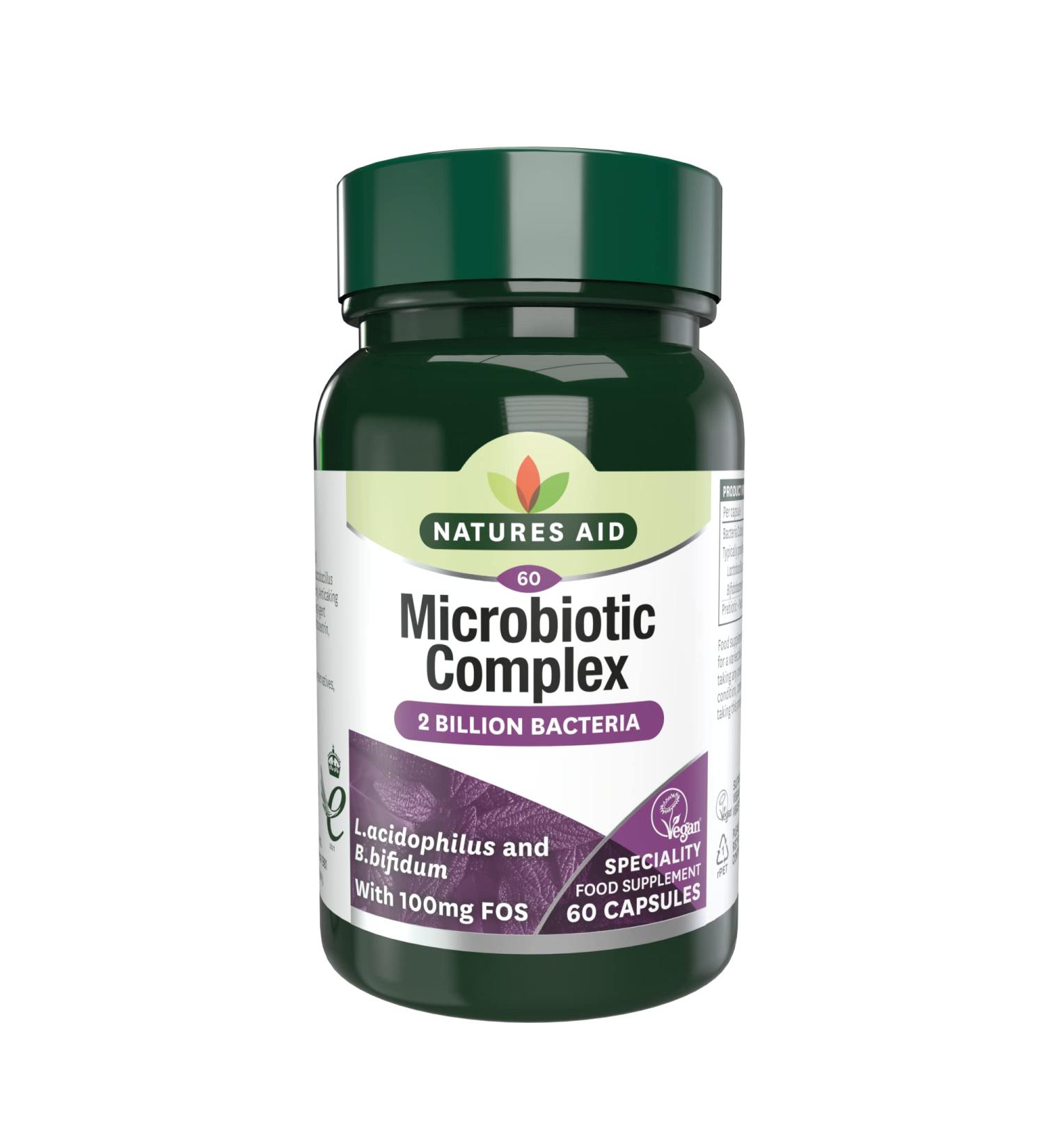Natures Aid Microbiotic Complex | L.Acidophilus, Bifidus, FOS | Vegan | 60 Capsules - Buy Online on GoSupps.com