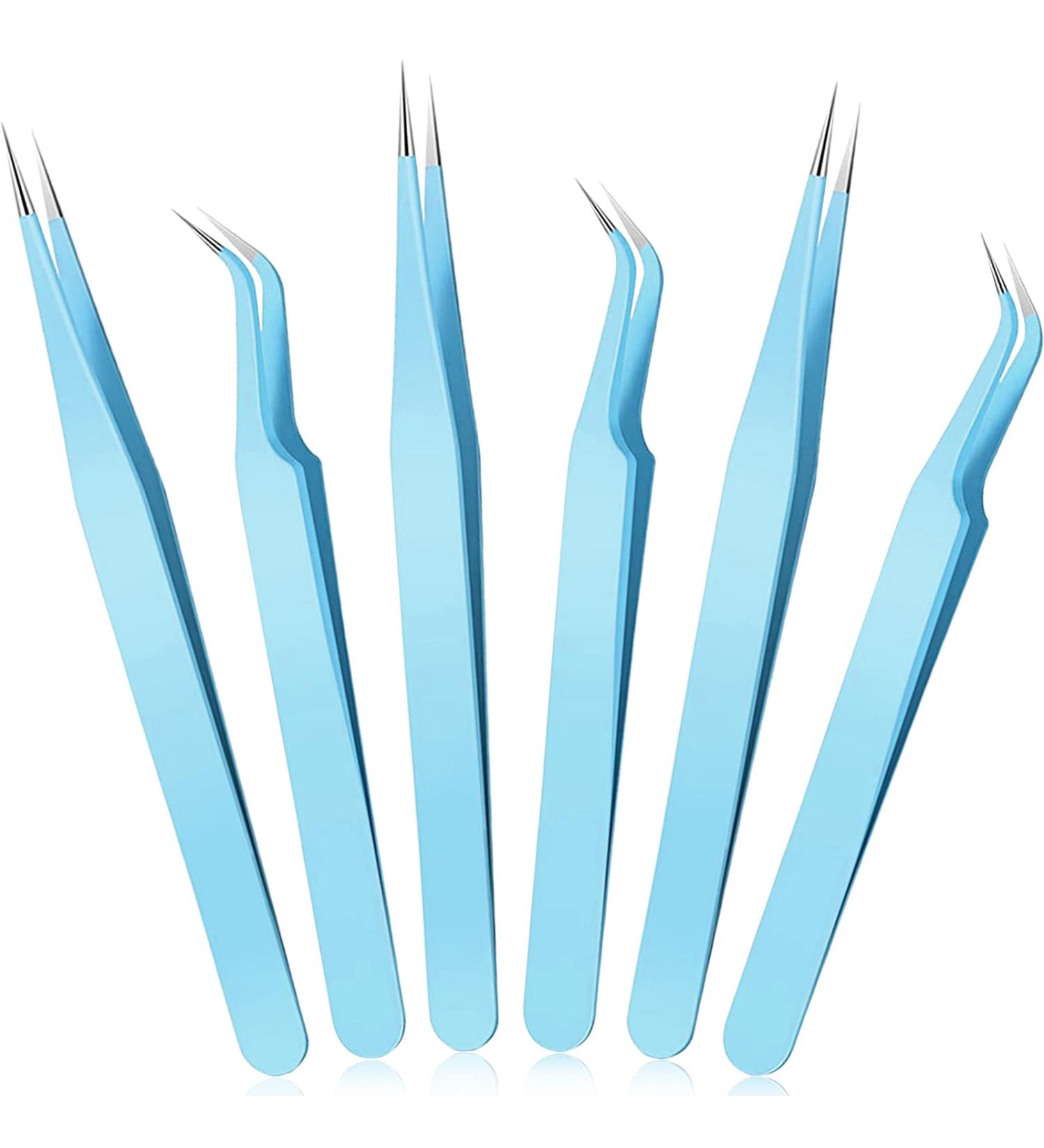 6-Piece Stainless Steel Eyelash Extension Tweezers Set - Straight and Curved Tip Nippers for Volume Lash Application, False Lash Tool Kit (Blue) - Buy Online on GoSupps.com