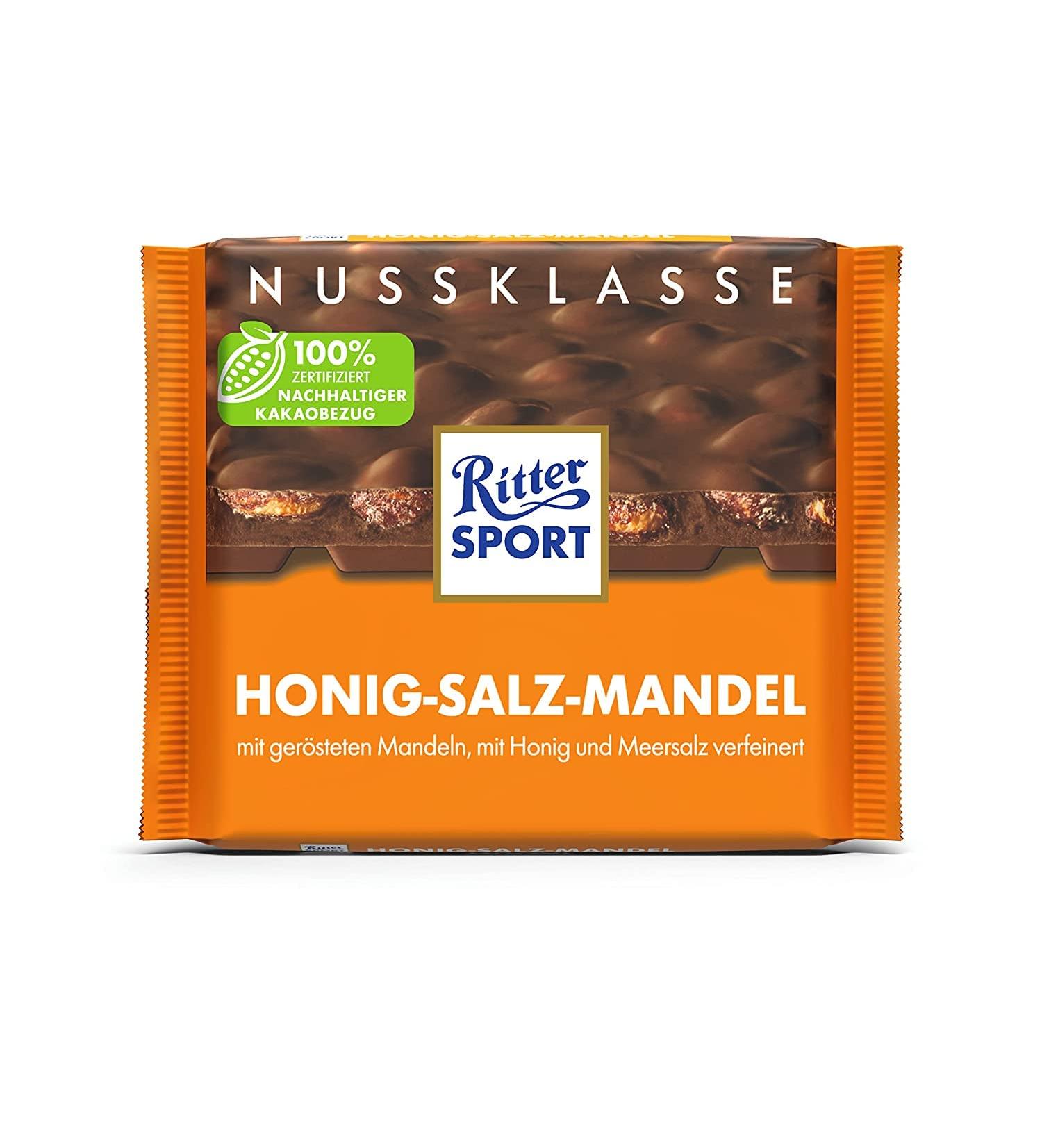 Ritter Sport Almond with Honey and Salt 100 g whole almonds in whole milk chocolate refined with honey and salt with a unique taste - Buy Online on GoSupps.com