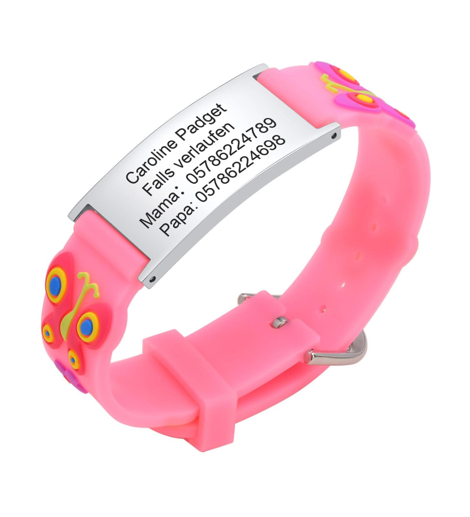Emergency SOS Bracelet for Kids - Personalized Waterproof ID Armband | Anti-Lost Name & Phone Number - Pink Butterfly Design - Buy Online on GoSupps.com